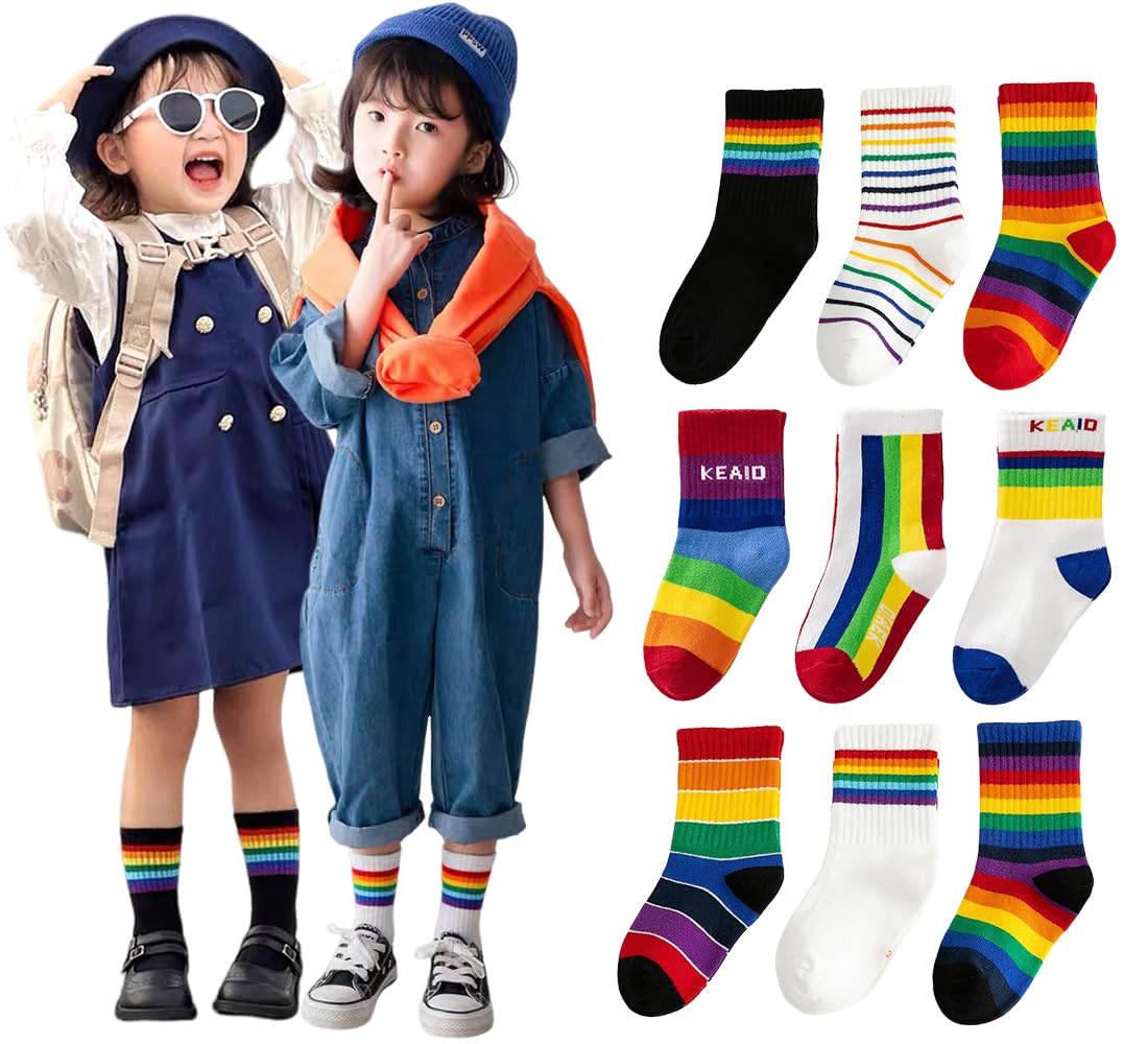 【送料無料】[ZGKULAEAOW] 靴下 3足セット キッズ レインボーカラー 子ども 男の子 女の子 クルーソックスくつした ボーダー しましま 虹 ストライプ カラフル 春秋用 色：虹色C、サイズ：14.0-16.0 cm