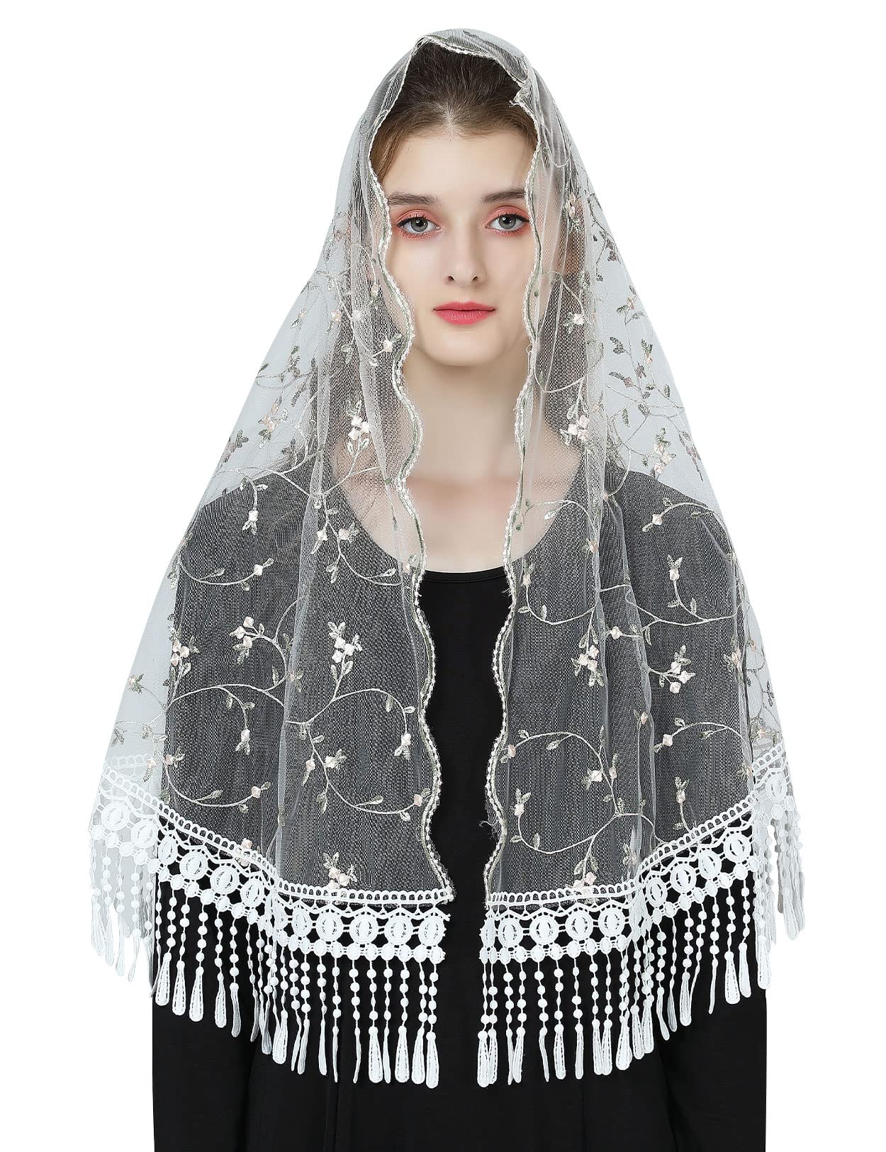 【送料無料】[BEAUTELICATE] ベール 櫛付き ベールチャペル ウエディング 教会 結婚式 大聖堂 花嫁 チュール ブライダル 刺繍 レース 色：タッセルの秘密の庭　グリーンとピンク　小さい、サイズ：Free Size