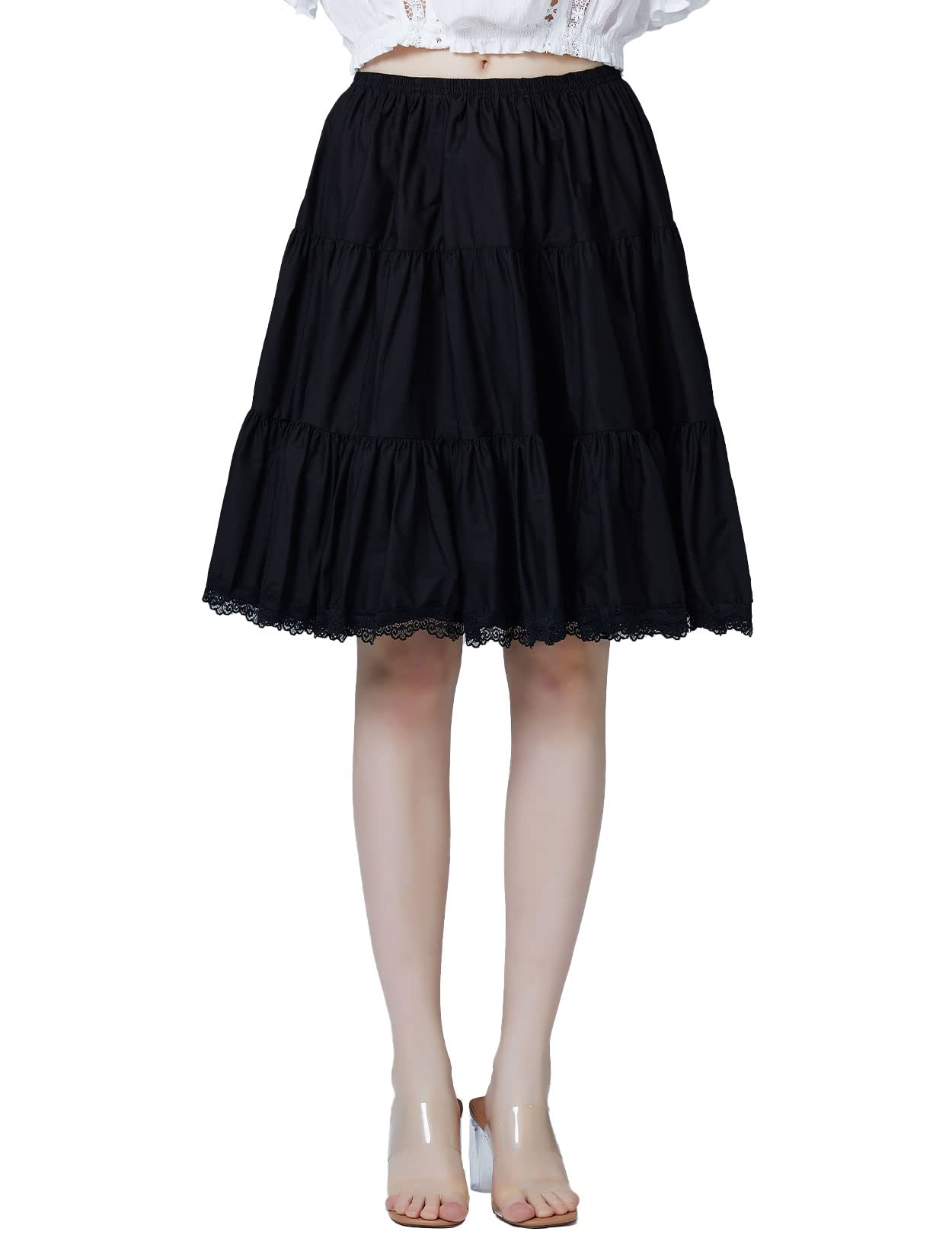 【送料無料】[BEAUTELICATE] ペチコート 綿 レース 透けない スカート フリル 静電気防止 膝丈 マキシ アンダースカート ロング ショート インナースカート ペチスカート 色：ブラック 55cm丈、サイズ：L