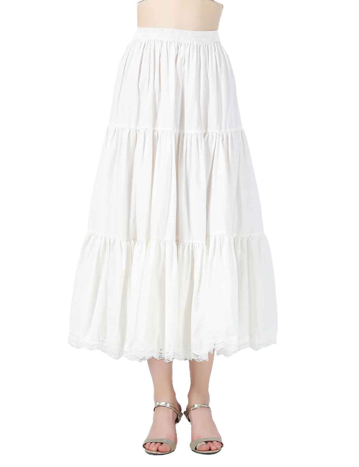 【送料無料】[BEAUTELICATE] ペチコート 綿 レース 透けない スカート フリル 静電気防止 膝丈 マキシ アンダースカート ロング ショート インナースカート ペチスカート 色：ホワイト 90cm丈、サイズ：L