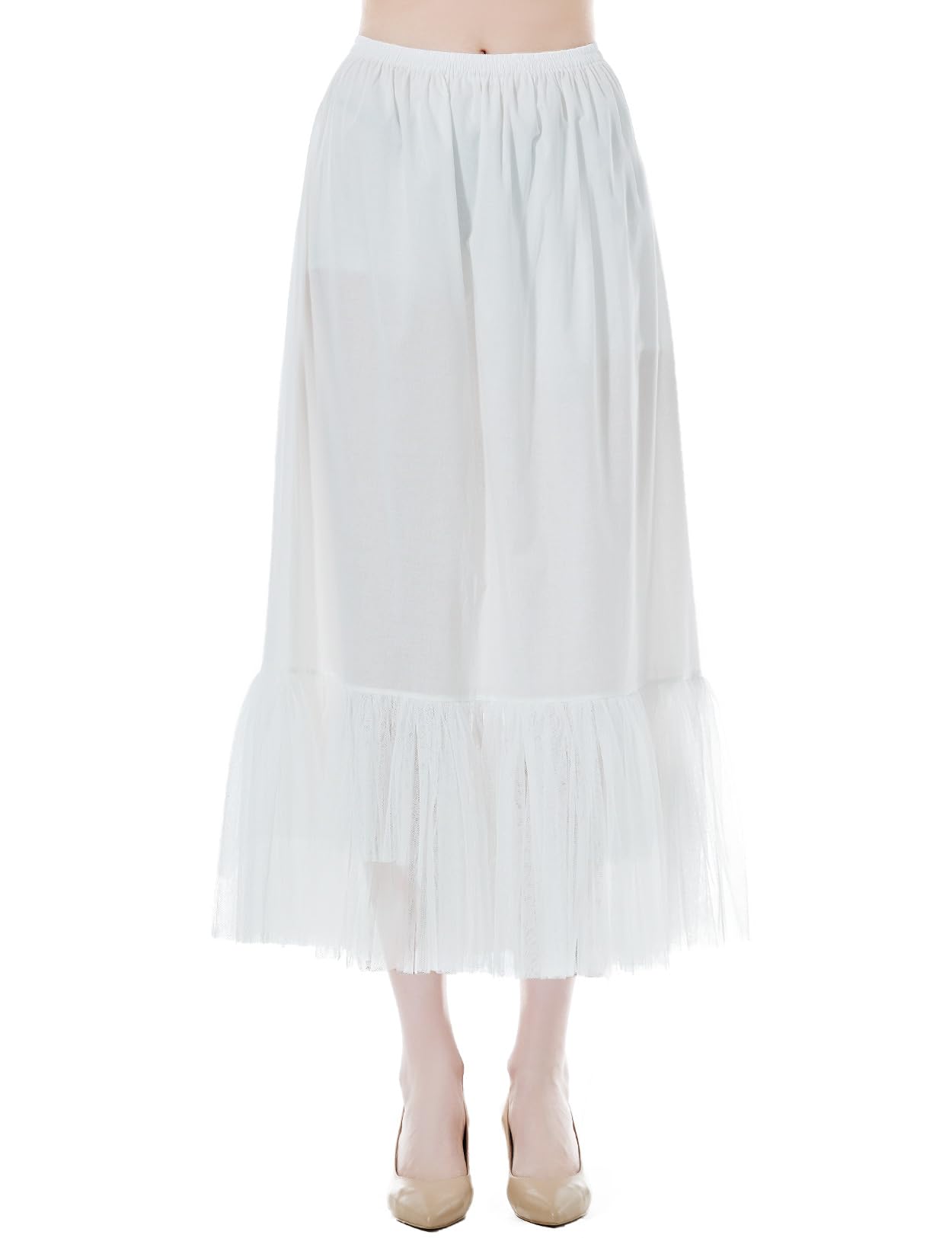 【送料無料】[BEAUTELICATE] 綿ハーフスリップ 静電気防止【膝丈60cm/マキシ丈80cm】アンダースカート 軽量ペチコート スカートエクステンダー 女性用 プリーツメッシュ裾 ブラック＆アイボリー 色：アイボリー80cm、サイズ：L