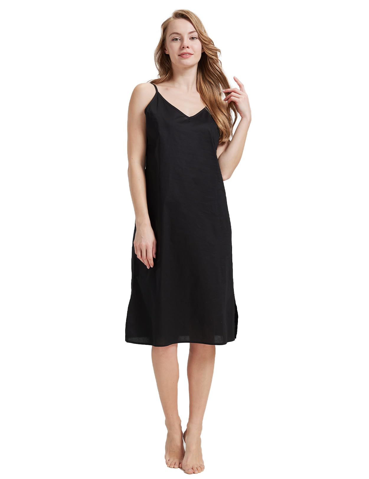 【送料無料】[BEAUTELICATE] インナーワンピース ペチコート ワンピース 綿100％ スリップ ロング Vネック スリット 肩紐調節 透け感対策 色：ブラック、サイズ：M