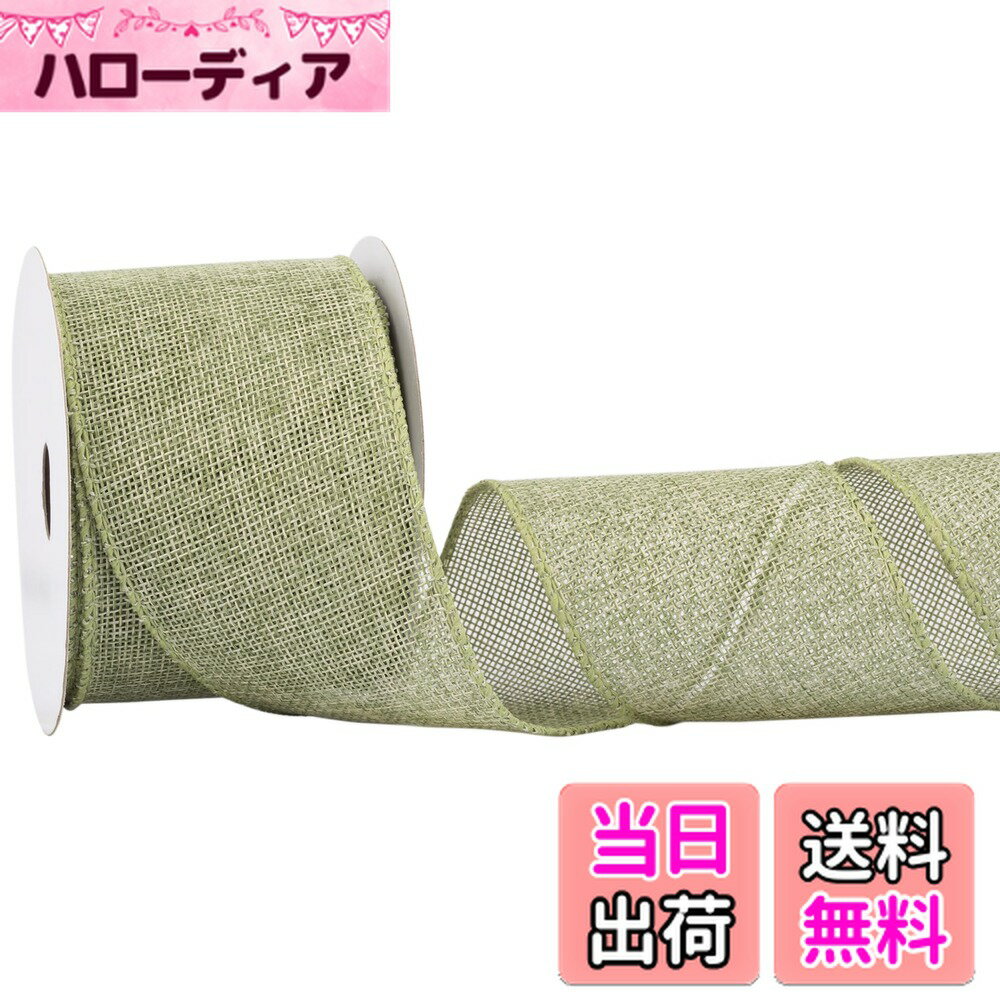 【送料無料】【Zofrud】ワイヤー入りリボン - クリスマス・ハンドメイド・DIY・手芸・ラッピング・花束・ウェディングに最適 色：春の苔、サイズ：幅64mm x 9m巻