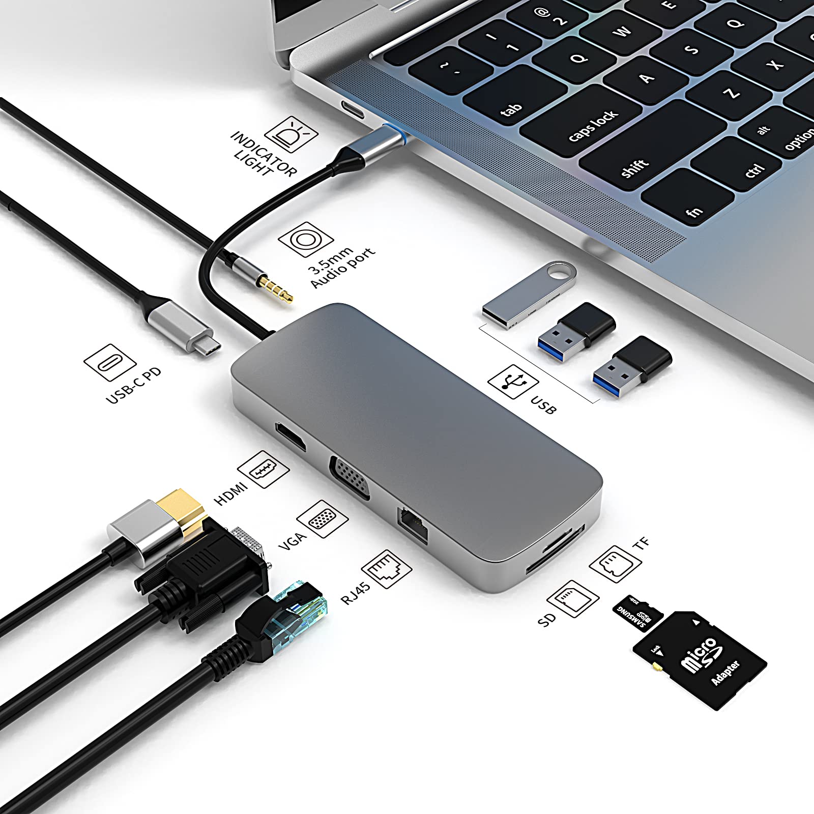 【送料無料】USB type c ハブ【Vester】type-c 変換アダプタ8-in-1ドッキングステーション 8ポートhdmi 4k@30hz解像度 USB 3.0高速ポート*3　SD/Micro SD カードリーダー AUDIO.35mm ポート100w PD充電ポート付き USB C Hub 変換 アダプタ超ス 色：grey、サイズ：10-in-1