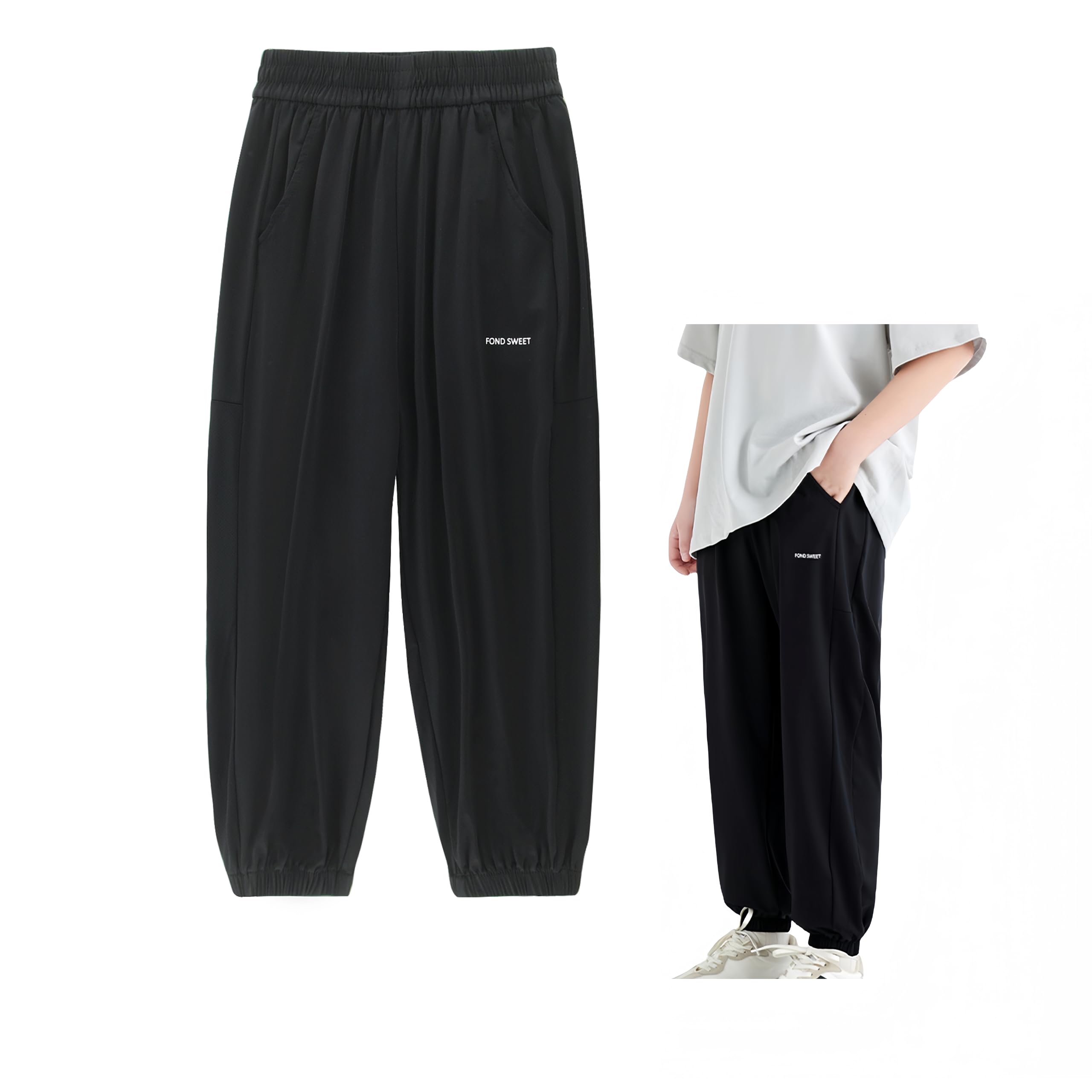 【送料無料】[Enfants Chris] 子供服 長ズボン キッズ 男の子 女の子 ロングパンツ 夏 クールマックス 接触冷感 涼しい UVカット 薄手 ひんやり 速乾 防虫ウェア クーラー 冷房ウェア 通気 ジャージ ナイロンパンツ ストレッチ 無地 110-170 色：ブラック、サイズ：120