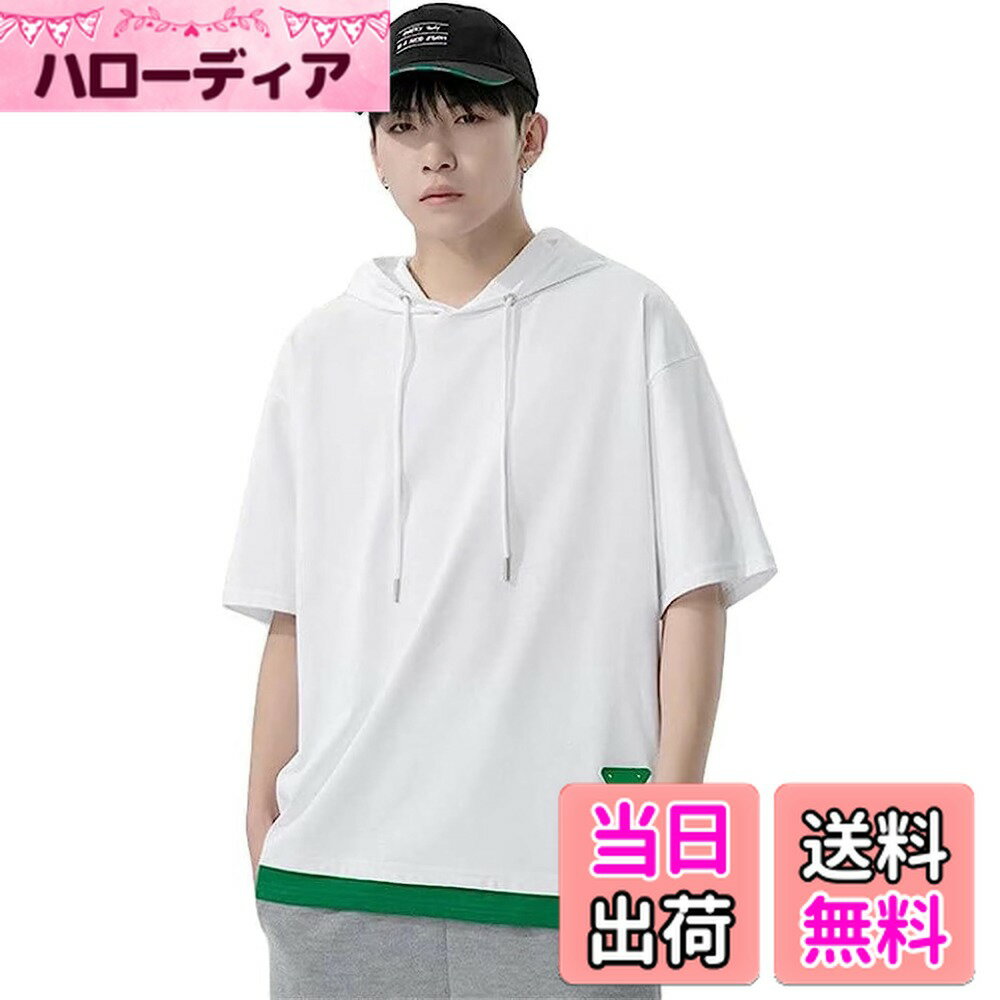 【送料無料】[inotenka] 夏服メンズ 半袖パーカー tシャツ半袖 7分袖 tシャツ 重ね着風 フード付き サマーパーカー トップス カットソー ゆったり 薄い 柔らかい 通気性 大きいサイズ カジュアル カッコイイ 色：ホワイト、サイズ：XL