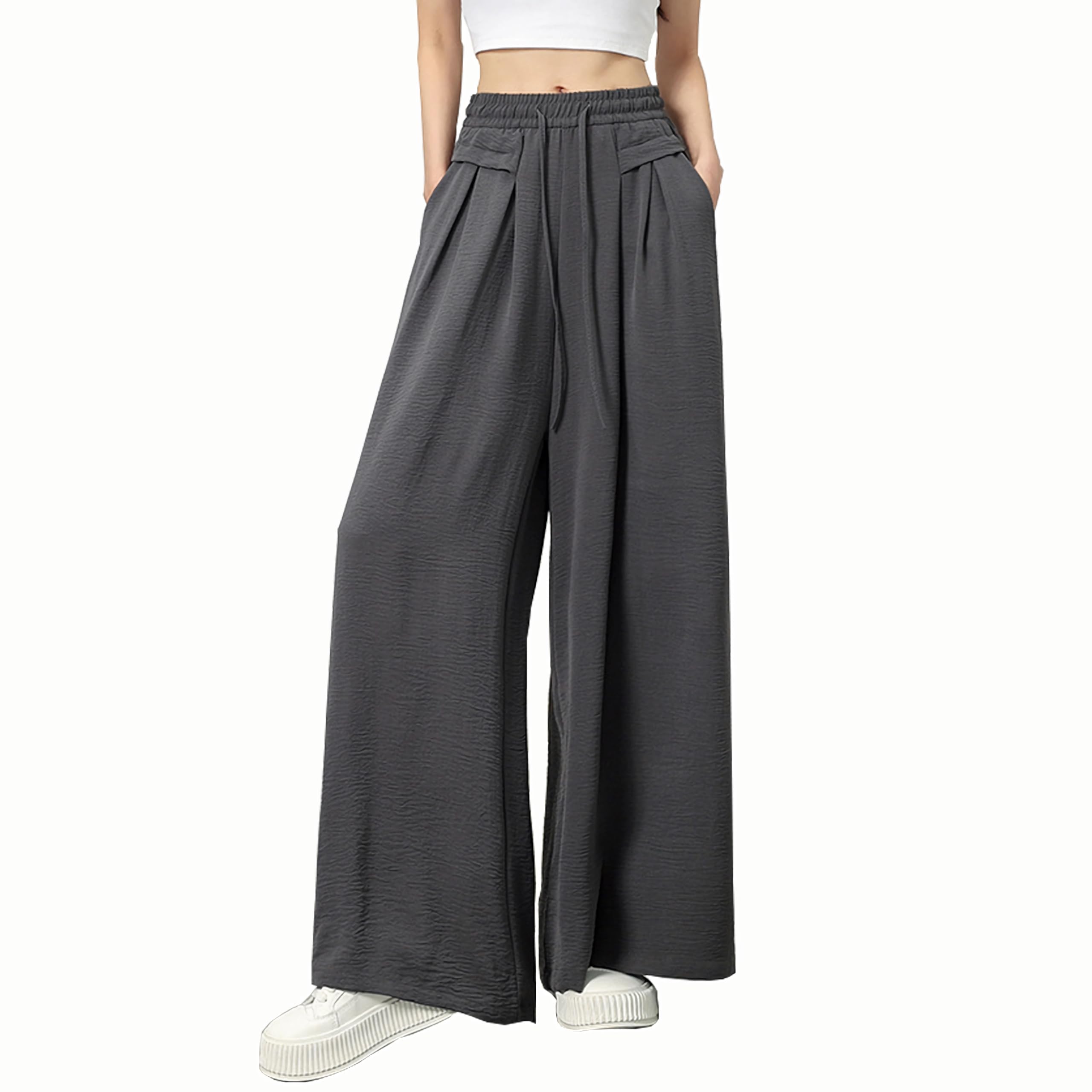 【送料無料】[inotenka] ワイドパンツ レディース 春夏 薄手 袴 ガウチヨパンツ ゆったり ロング丈 通気 リネンパン 無地 大きいサイズ 着痩せ カジュアル 部屋着 オフィス M-2XL 色：グレー、サイズ：L
