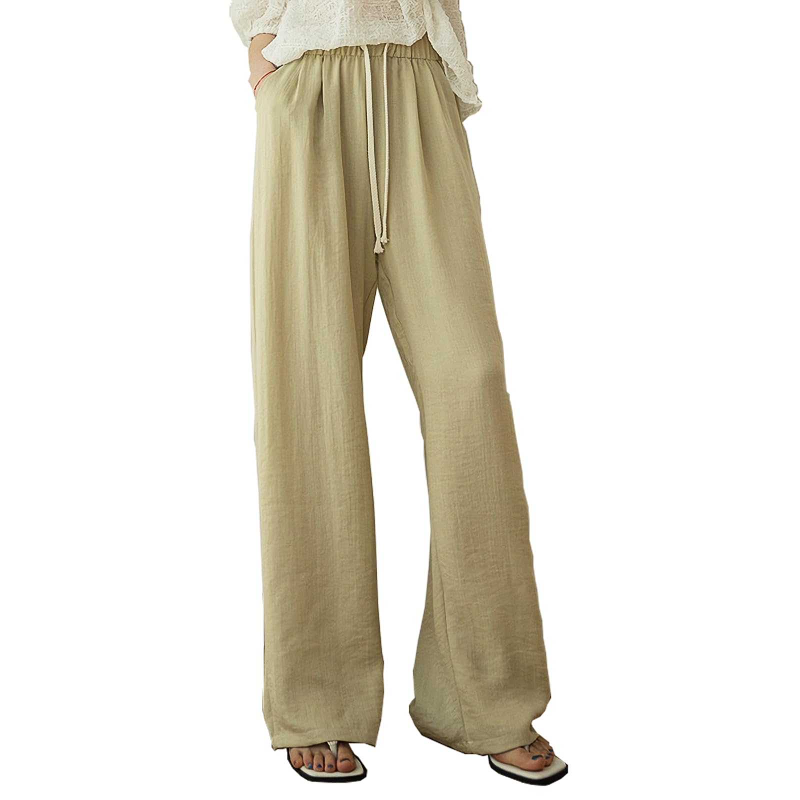 【送料無料】[inotenka] ワイドパンツ レディース 夏 リネン製 綿麻 ロング丈 ガウチョ 通気性 美脚 カジュアル ゆったり 着痩せ 快適 通勤 通学 S-XL 色：カーキ、サイズ：S