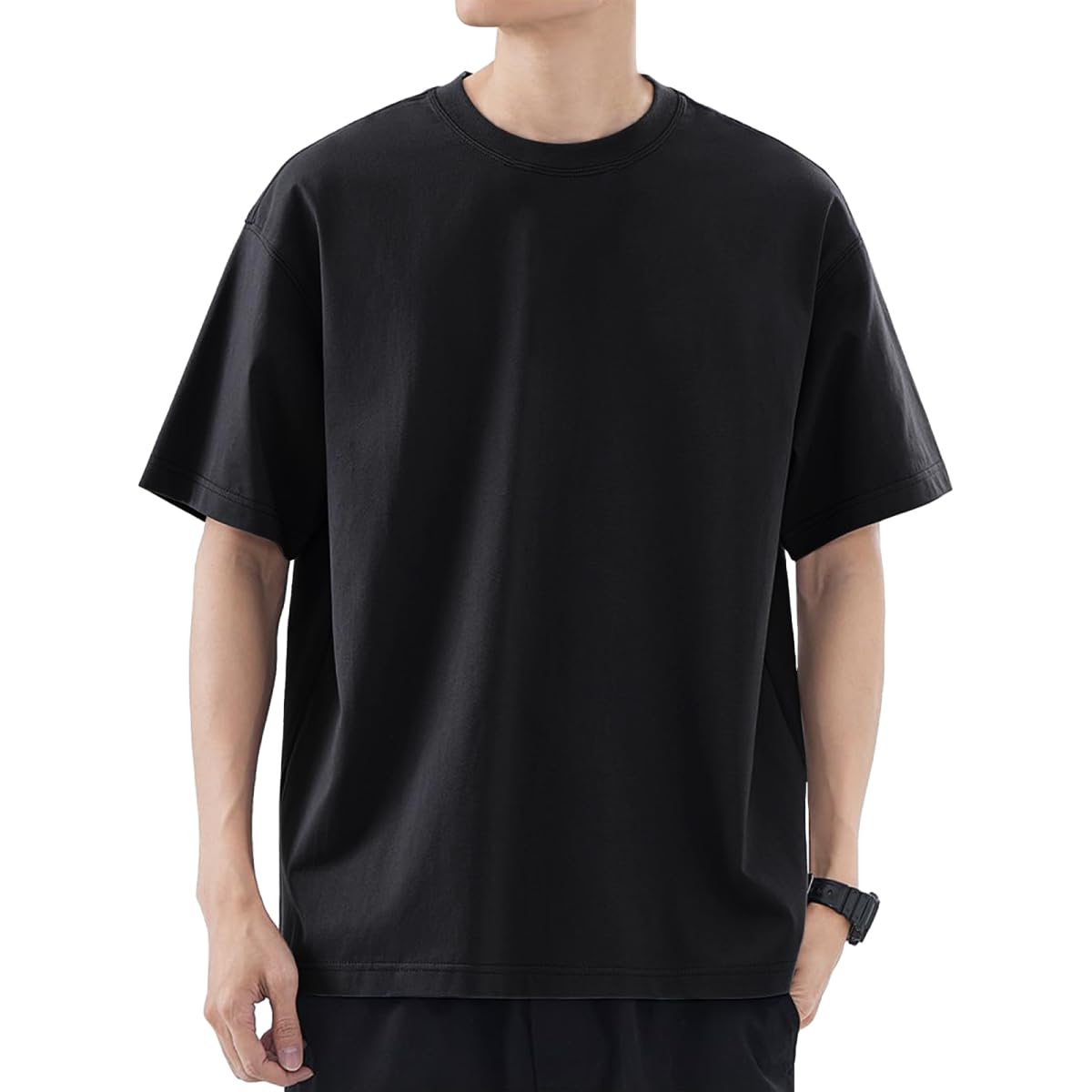 【送料無料】[inotenka] Tシャツ メンズ 半袖 肉厚生地 おおきいサイズ クルーネック 100綿 透けない 色：ブラック、サイズ：2XL