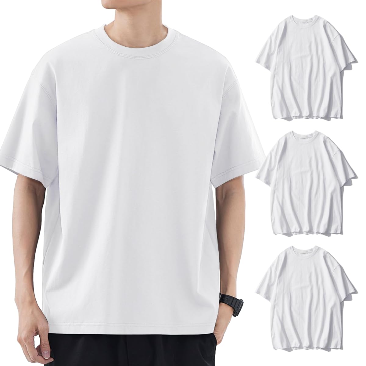 【送料無料】[inotenka] Tシャツ メンズ 半袖 肉厚生地 おおきいサイズ クルーネック 100綿 透けない 色：ホワイト(3枚組)、サイズ：M