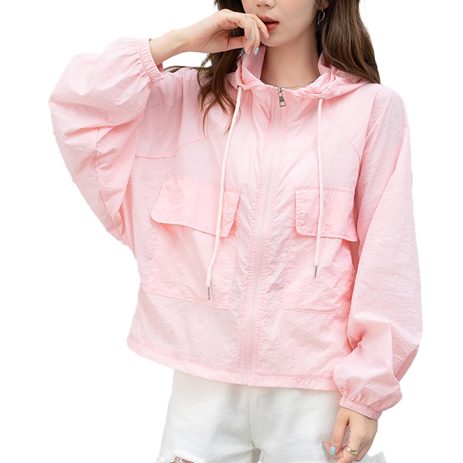 【送料無料】[inotenka] UVカット ラッシュガード レディース 夏 薄手 接触冷感 UPF50+ アイスシルク 涼しい 日焼け防止 紫外線対策 虫よけ 軽量 通気性 速乾 フード付き 前開き アウトドア 3色展開 M-2XL 色：ピンク、サイズ：2XL