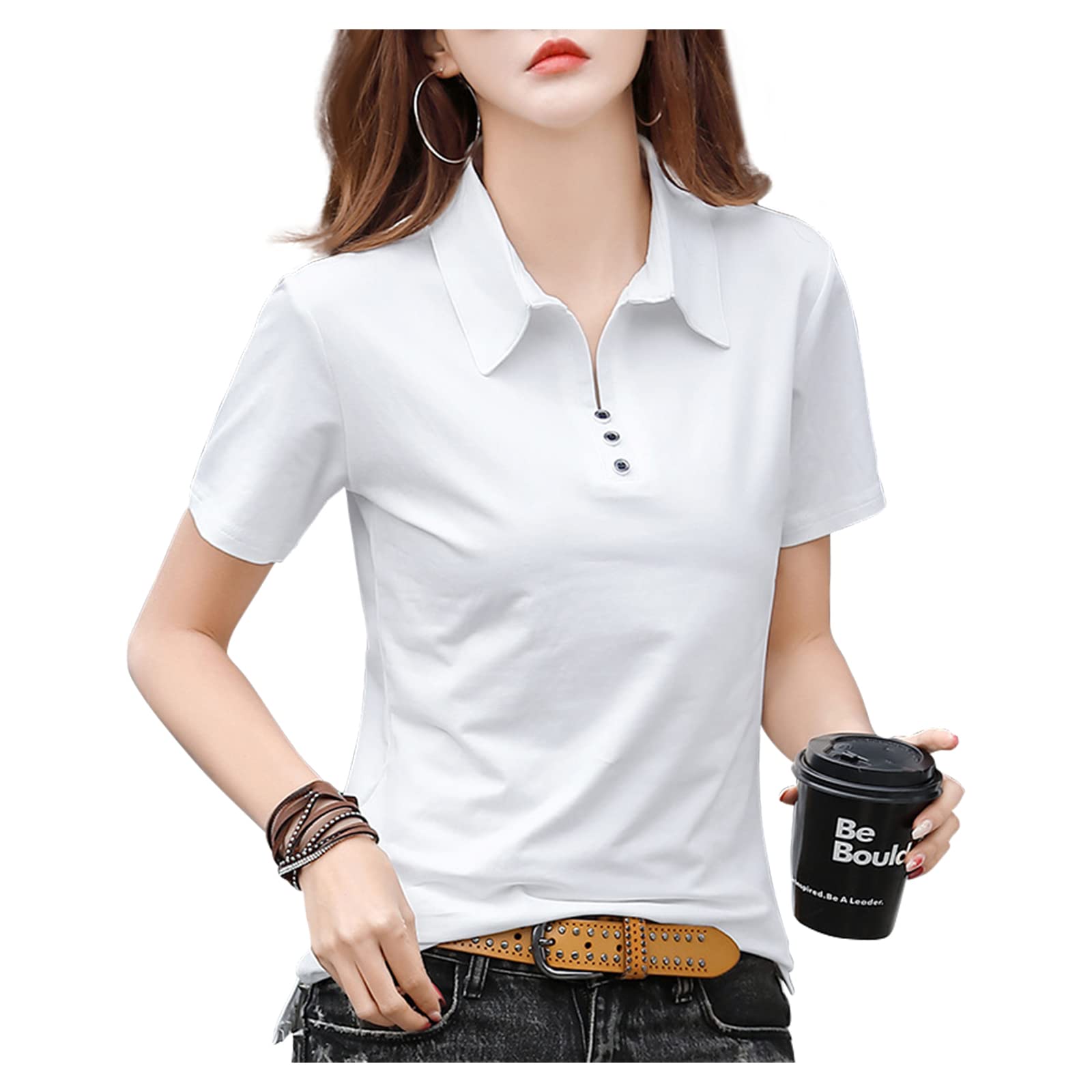 【送料無料】[Ininuk] レディース ポロシャツ 半袖 ゴルフ シャツ レディース ユニフォーム 可愛い お尻が隠れる裾 透けにくい半袖 吸汗速乾 UV加工 カジュアル トップス おしゃれ 春夏秋 色：ホワイト、サイズ：M