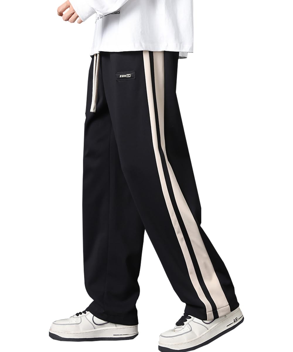 【送料無料】[Inkpoo] ズボン メンズ 秋服 ストライプ ステッチ ボトムス おしゃれ ずぼん ワイドパンツ ポケット 通気性 人気 冬春服 大きいサイズ わーくぱんつ オールシーズン対応 色：#41-ブラック、サイズ：L