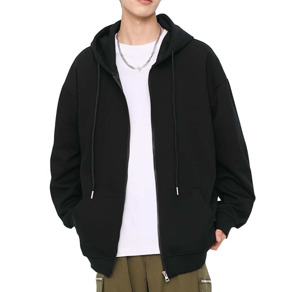 【送料無料】[Inkpoo] メンズ 秋服 パーカー 長袖 フード付き カーディガン 男女兼用 ジップアップ スウェット トップス プルオーバー 無地 カジュアル ゆったり おしゃれ 人気 シンプル 春秋冬服 色：#34-ブラック、サイズ：2XL