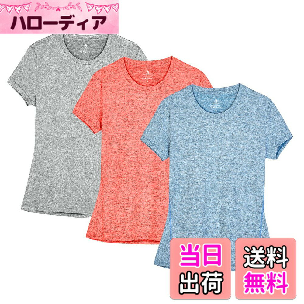 【送料無料】[icyzone] スポーツウェア レディース Tシャツ ヨガウェア ランニングトップス 半袖 速乾 通気 カジュアル 大きいサイズ フィットネス アスレチック 3枚入 色：グラナイト/ブルー/オレンジ、サイズ：2XL
