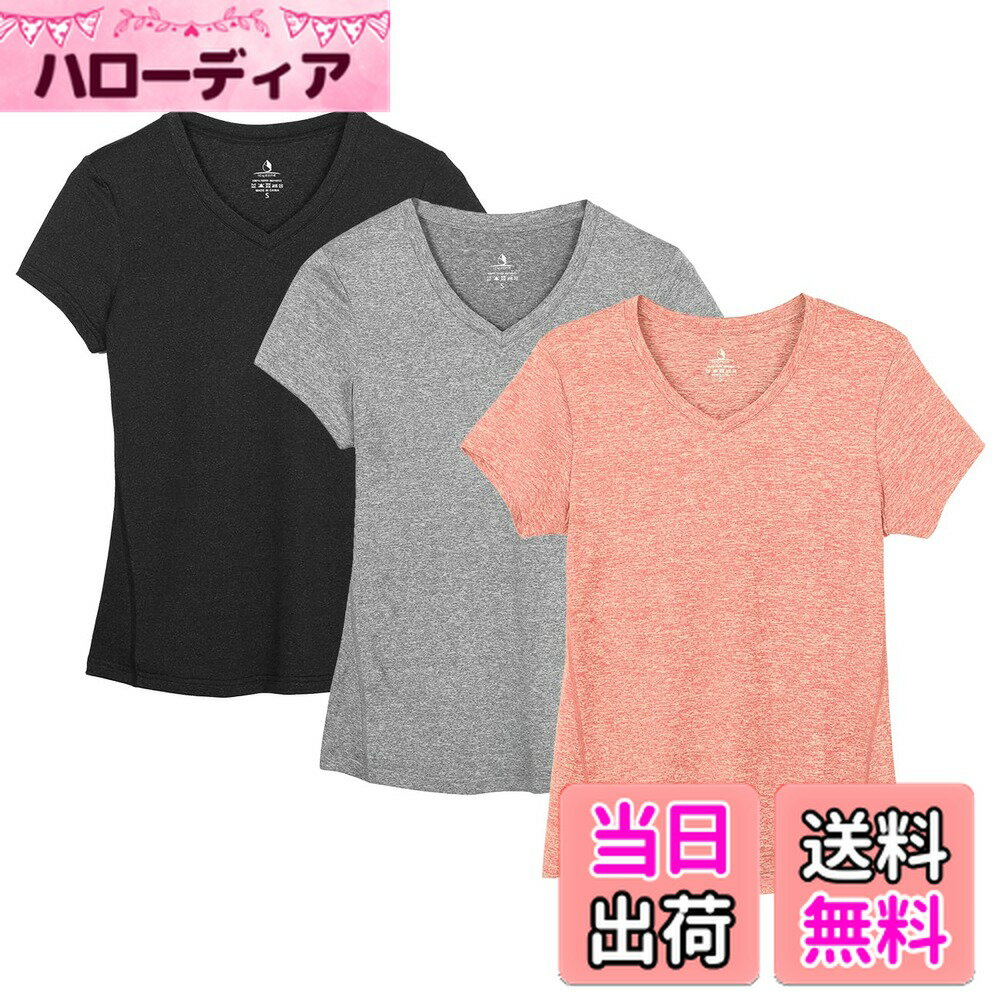 【送料無料】[icyzone] スポーツウェア レディース V ネック Tシャツ ヨガウェア 半袖 ランニングトップス 速乾 通気 カジュアル 大きいサイズ フィットネス アスレチック 3枚入 色：ブラック/グラナイト/ピーチ、サイズ：M