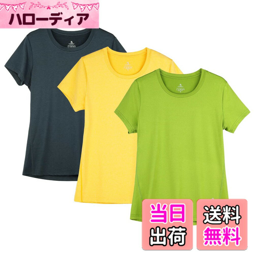 【送料無料】[icyzone] スポーツウェア レディース Tシャツ ヨガウェア ランニングトップス 半袖 速乾 通気 カジュアル 大きいサイズ フィットネス アスレチック 3枚入 色：オンブル ブルー/スペクトラ イエロー/グリーン グロー、サイズ：XL