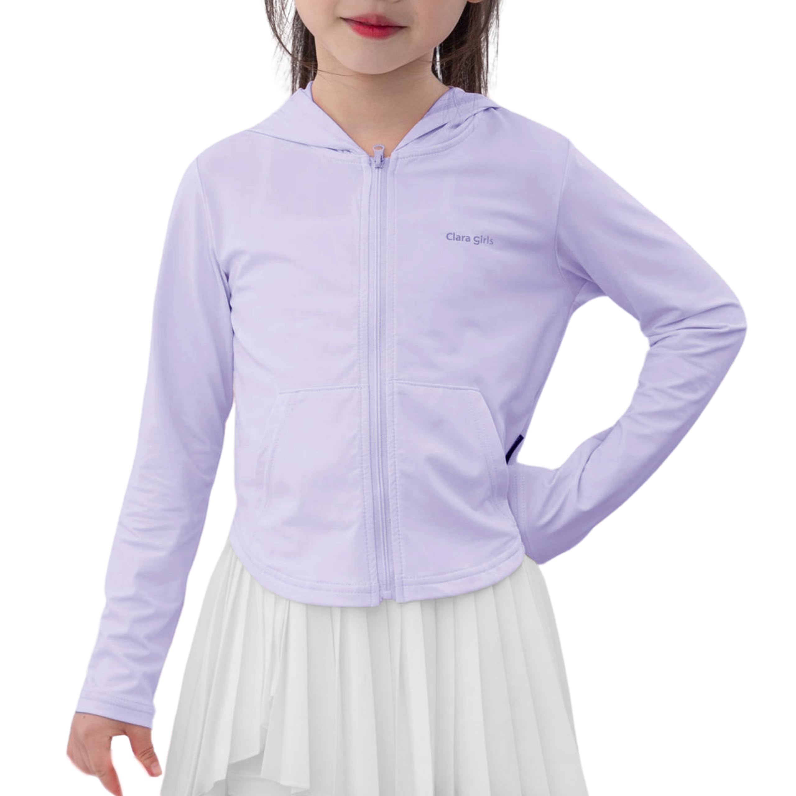 【送料無料】[Rolanko] 子供 日焼け止めパーカー 女の子 ショート丈 タイト ガールズ ラッシュガード フード付き 紫外線対策 冷房対策 130-160 色：パープル、サイズ：140
