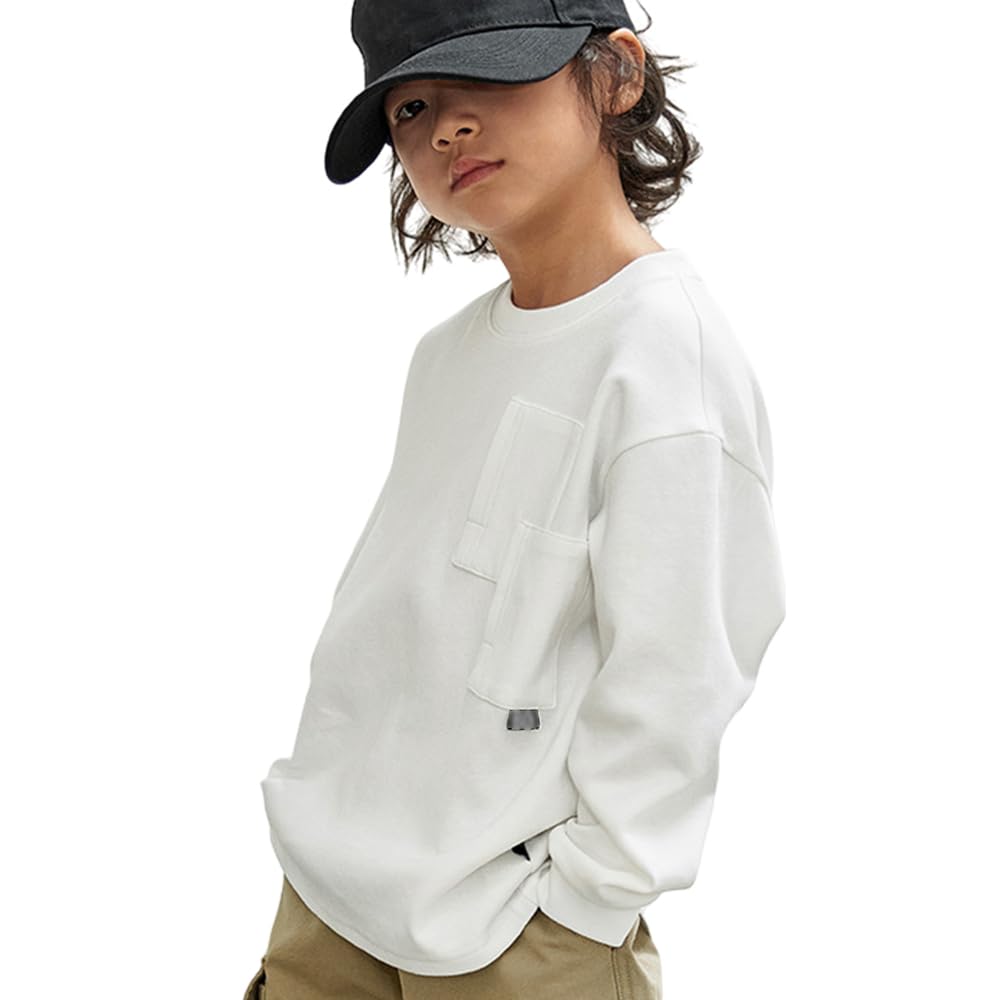 【送料無料】[G-UYO] 男の子 長袖 Tシャツ 子供服トップス 無地 通学 通園 部屋着 ジュニア 綿 インナー 肌着 上着 普段着 カジュアル ゆったり 4色 100-160 色：ホワイト、サイズ：140