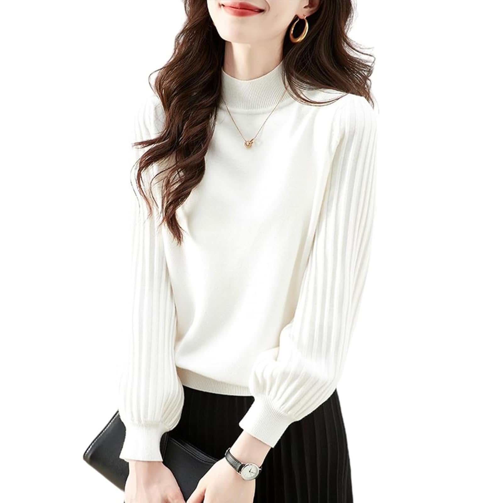 【送料無料】[HuuMeNEIDOO] ニット レディース タートルネックセーター 長袖 トップス カットソー リブ プリーツ 高伸縮 無地 ニットセーター 保温 可愛い おしゃれ カジュアル オフィス 通勤 秋冬 色：ホワイト、サイズ：Free Size