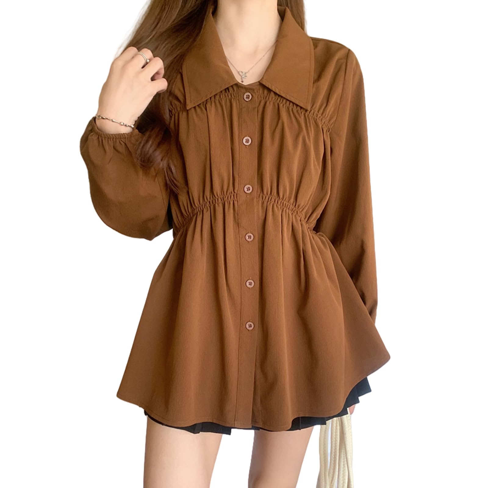 【送料無料】[HuuMeNEIDOO] ブラウス レディース 長袖 シャツ 折り襟 トップス ゆったり 大きいサイズ 体型カバー 無地 おしゃれ 着痩せ 普段着 通勤 春 夏 秋 色：コーヒー、サイズ：M