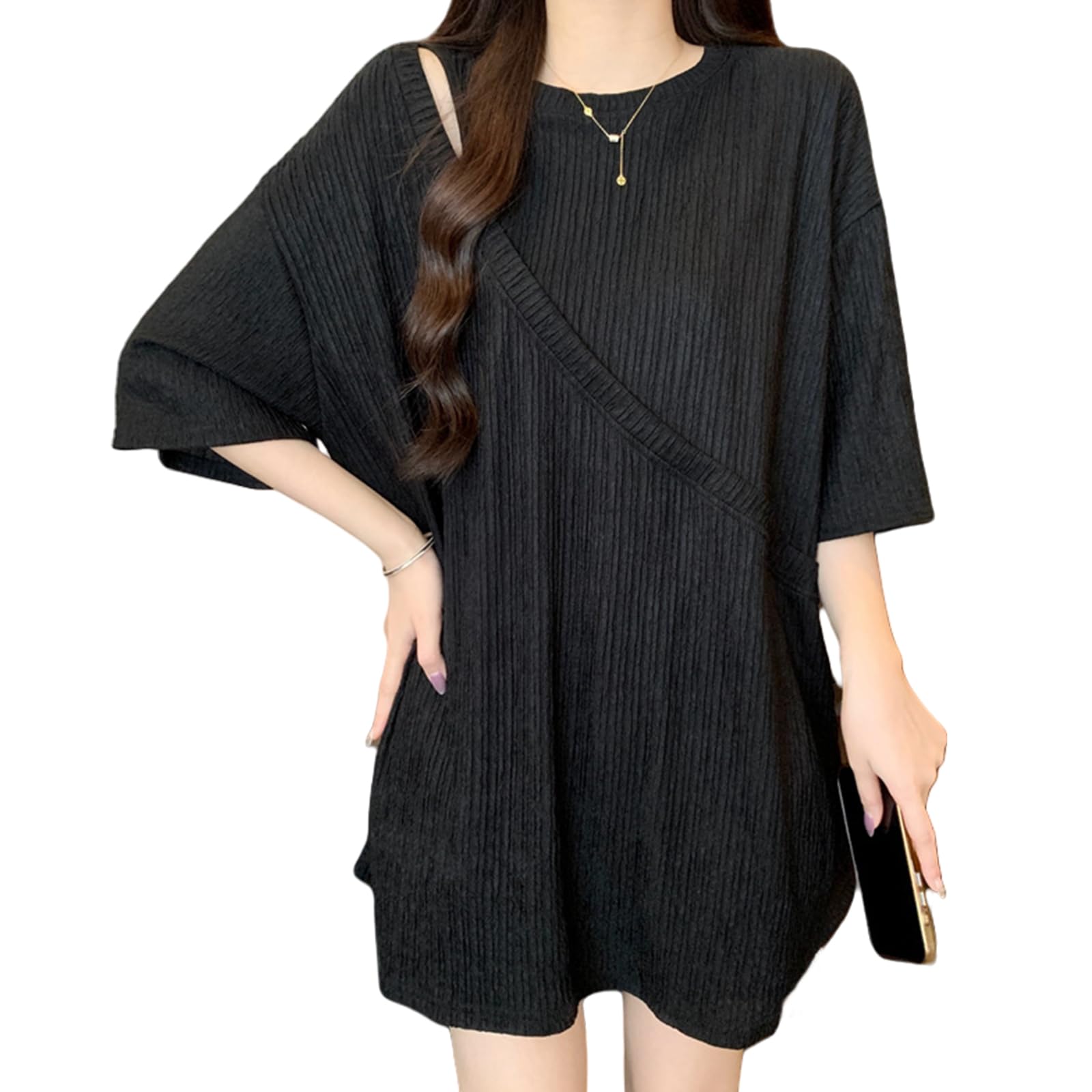 【送料無料】[HuuMeNEIDOO] Tシャツ レディース 半袖 ティーシャツ 透かし編み トップス 丸首 カットソー 無地 プルオーバー ゆったり 大きいサイズ 体型カバー 通勤 普段着 春 夏 秋 色：ブラック、サイズ：M