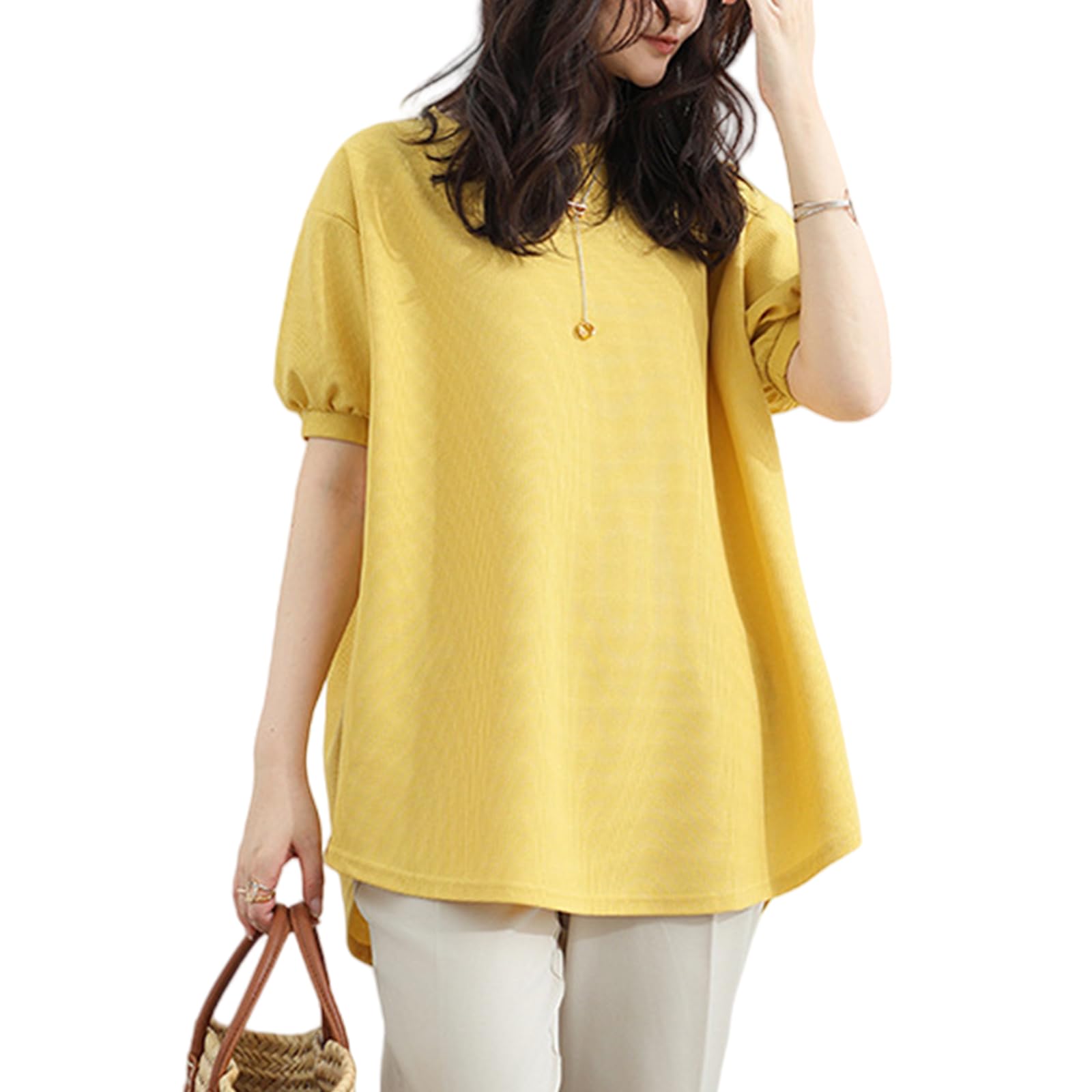 【送料無料】[HuuMeNEIDOO] Tシャツ レディース 半袖 ティーシャツ パフスリーブ トップス 丸首 カットソー 無地 薄手 ゆったり 大きいサイズ 体型カバー 普段着 日常 春 夏 秋 色：イエロー、サイズ：Free Size