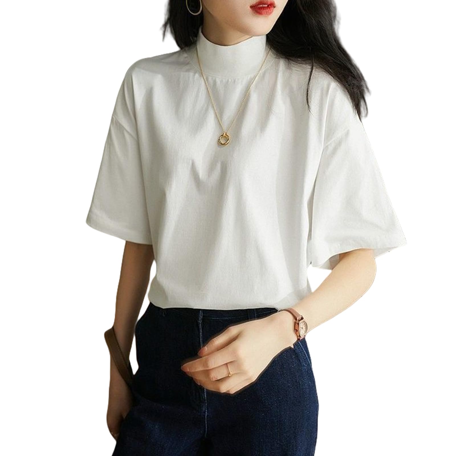 【送料無料】[HuuMeNEIDOO] Tシャツ レディース 半袖 ティーシャツ ハイネック ロングtシャツ 丸首 ト..