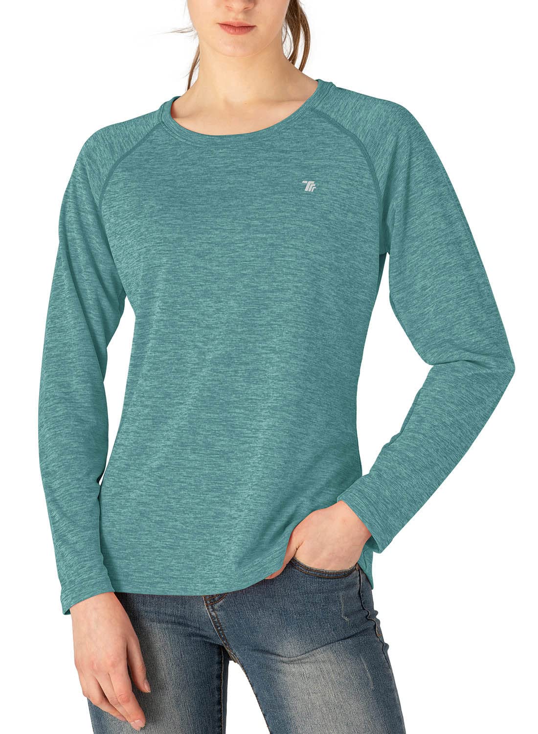 【送料無料】[Gopune] 長袖 シャツ レディース テニスウェア クルーネック 速乾 ロングtシャツ カットソー ストレッチ 薄手 ランニングウェア フィットネスウェア スポーツ 通気 UVカット 春秋夏 色：01グーリン、サイズ：M