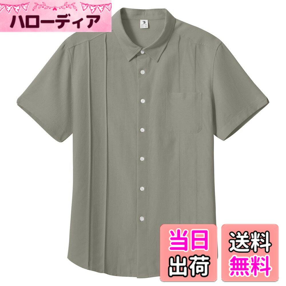 【送料無料】[Gopune] メンズ 半袖シャツ カジュアル リネンシャツ 開襟 tシャツ 通気 綿麻 ビジネスシャツ トップス 通勤着 無地 ゆったり 夏用 色：グレー、サイズ：XL