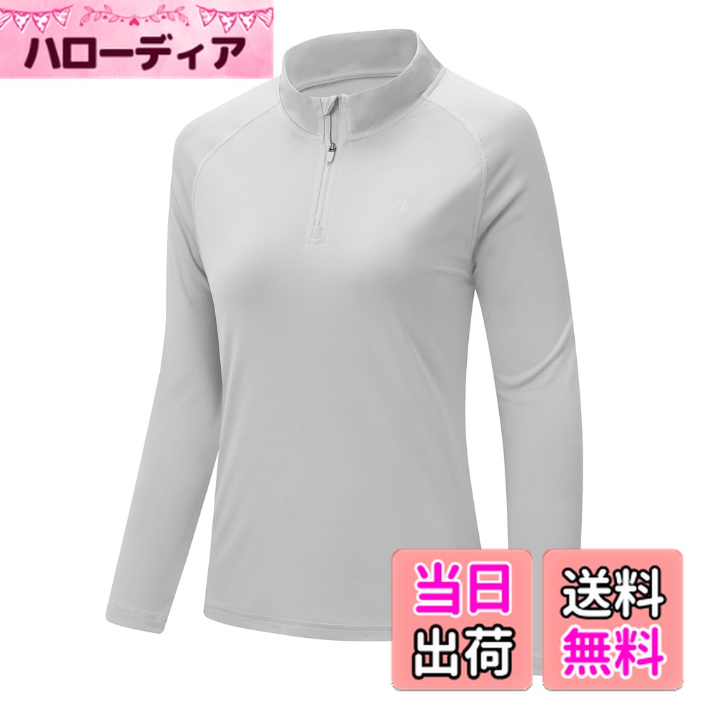 【送料無料】[Gopune] ランニングシャツ レディース 長袖 1/4ジップ UPF 50+ トレーニングシャツ 速乾 スポーツウェア カットソー ストレッチ ゴルフウェア アウトドア 大きいサイズ 色：グレー、サイズ：3XL