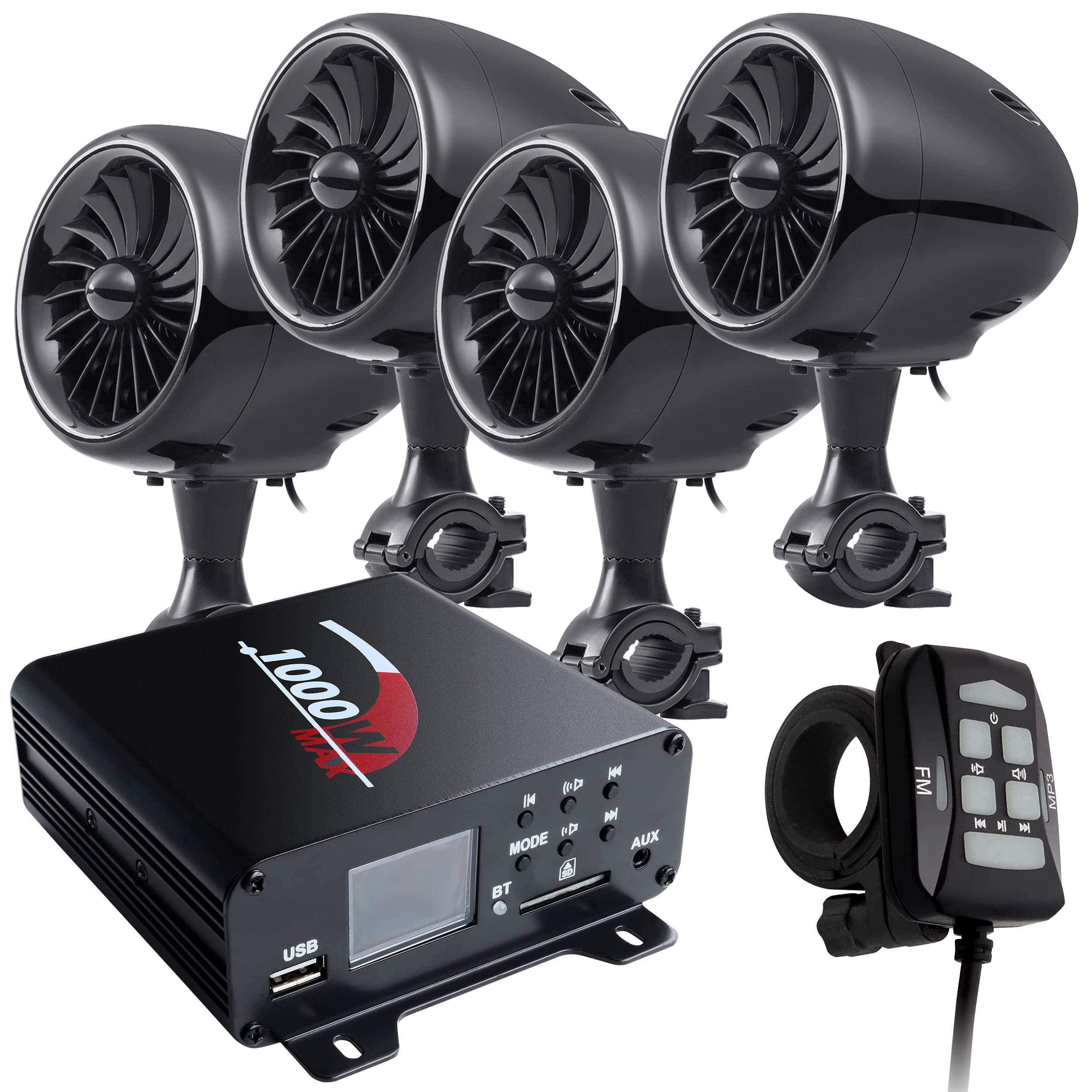 【送料無料】バイク用 オーディオ スピーカー 4ch 4台 最大1000W 小型 4チャンネル アンプ バイク 爆音..