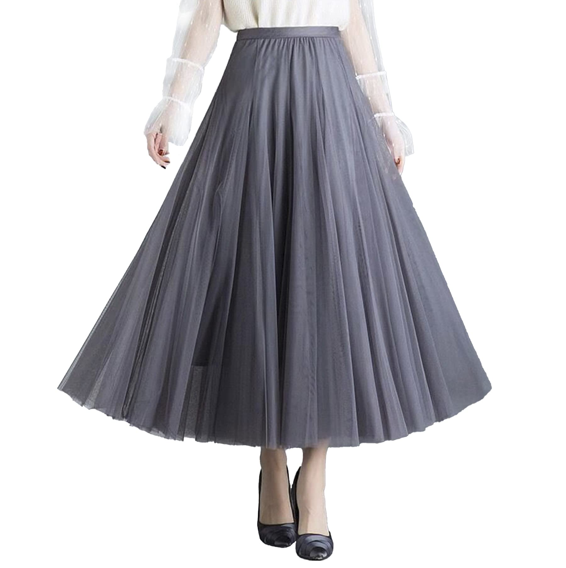 【送料無料】[HDONYUi] スカート レディース ロング 春 夏 プリーツ チュール マキシ丈 フレア ふんわり シフォン おしゃれ ボトムス エレガント 裏地付き 体型カバー 普段着 お呼ばれ ウエストゴム 無地 ボリューム 可愛い きれい 色：ダークグレー、サイズ：Free Size