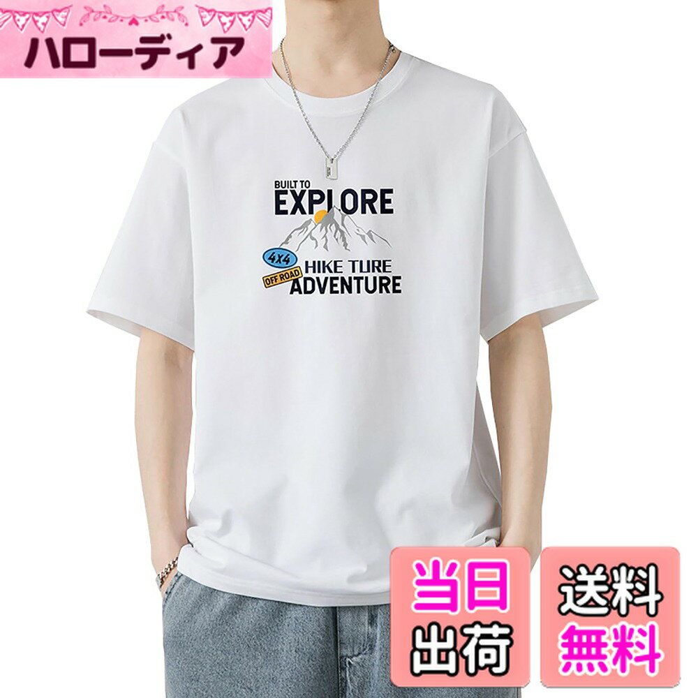 【送料無料】[HEGROPH] メンズ tシャツ 半袖 たんしょくけい 100%綿 ゆるい おしゃれ tしゃつ 薄手 無地 でシンプル プリント サマードレス 色：ホワイト、サイズ：L