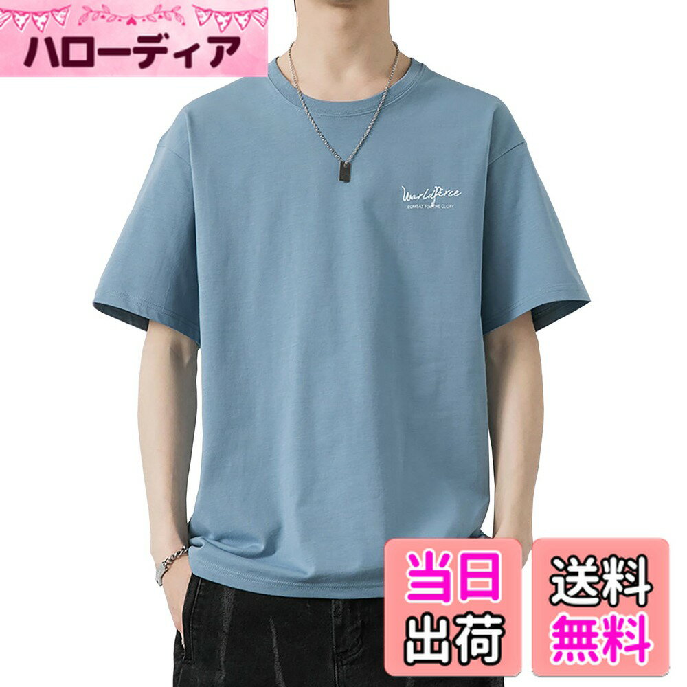 【送料無料】[HEGROPH] tシャツ メンズ 半袖 大きいサイズ 夏 ゆるい おしゃれ tしゃつ 薄手 無地 でシンプル プリント サマードレス 色：ブルー、サイズ：XL