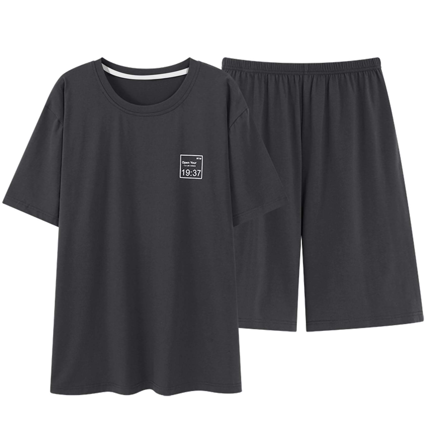 【送料無料】[HEWEAYTA] パジャマ メンズ 夏 半袖 - ルームウェア 上下セット 半袖ショートパンツ 部屋着 薄手 綿 軽い 吸汗 色：ダークグレー1、サイズ：M