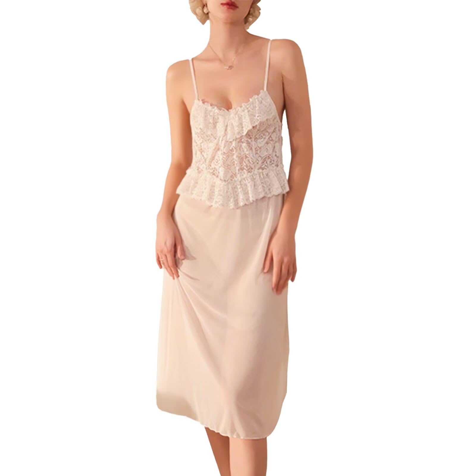 【送料無料】[HEWEAYTA] ネグリジェ セクシー キャミソール レース - スリップ 薄手 通気 ルームワンピース サテン 色：ホワイト、サイズ：L