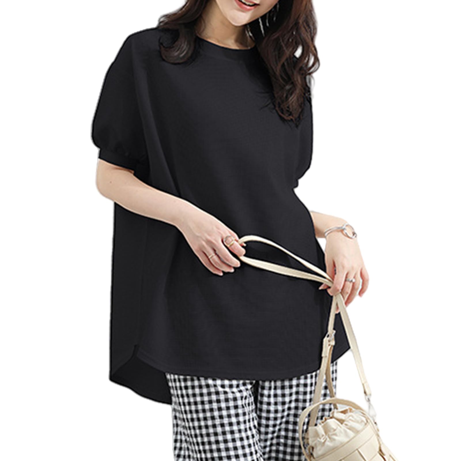 【送料無料】[HuuMeNEIDOO] Tシャツ レディース 半袖 ティーシャツ パフスリーブ トップス 丸首 カットソー 無地 薄手 ゆったり 大きいサイズ 体型カバー 普段着 日常 春 夏 秋 色：ブラック、サイズ：Free Size