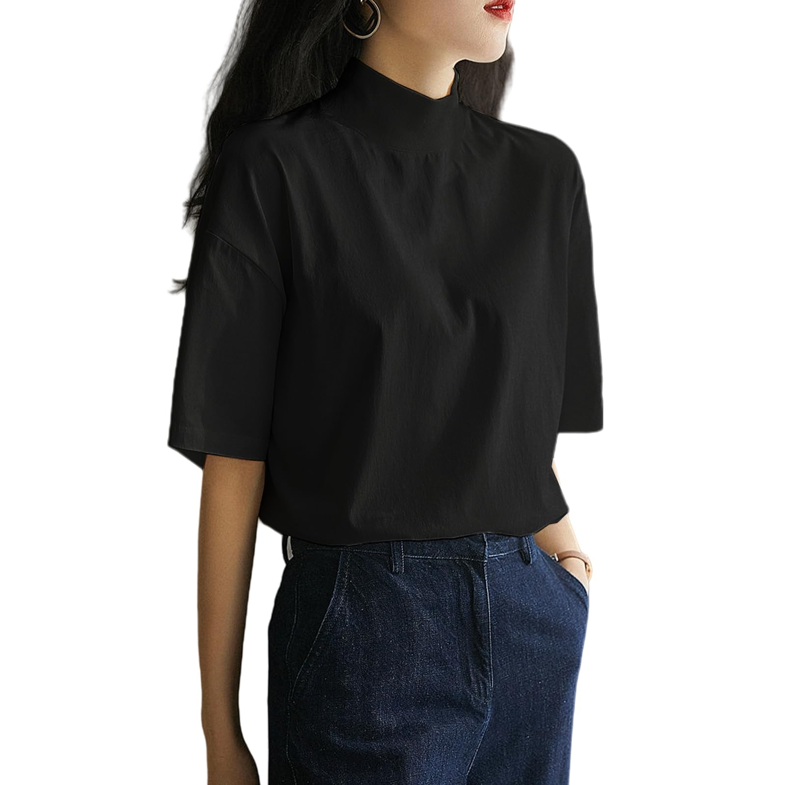 【送料無料】[HuuMeNEIDOO] Tシャツ レディース 半袖 ティーシャツ ハイネック ロングtシャツ 丸首 トップス カットソー ゆったり 体型カバー 無地 通気性 普段着 通勤 春 夏 色：ブラック、サイズ：L