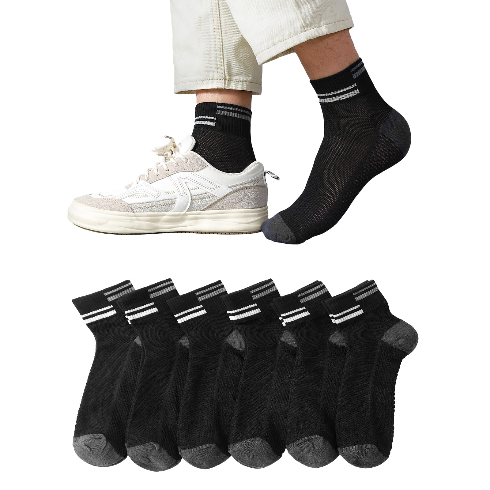 【送料無料】[Yazon] 靴下 メンズ 夏 くるぶし 黒メッシュソックス 綿 薄手 通気性 おしゃれ スポーツ くつした 男性用くつ下 夏用 ショートソックス ランニング 滑り止め靴下 吸汗 蒸れない 春夏 24-27cm 6足セット 色：マルチカラー、サイズ：24.0-27.0 cm