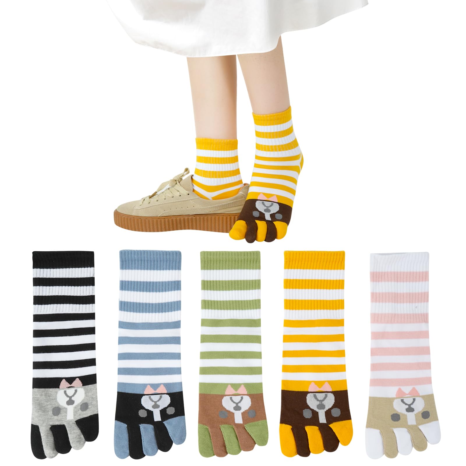 【送料無料】[Yazon] 5本指ソックス レディース 春夏秋 可愛い 犬柄 指付き靴下 【コーマ綿】通気吸汗 五本指ソックス クルー丈 蒸れない保温 5本指靴下 おしゃれ 女性用 四季くつ下 22-25cm 5足セット 色：マルチカラー、サイズ：22.0-25.0 cm