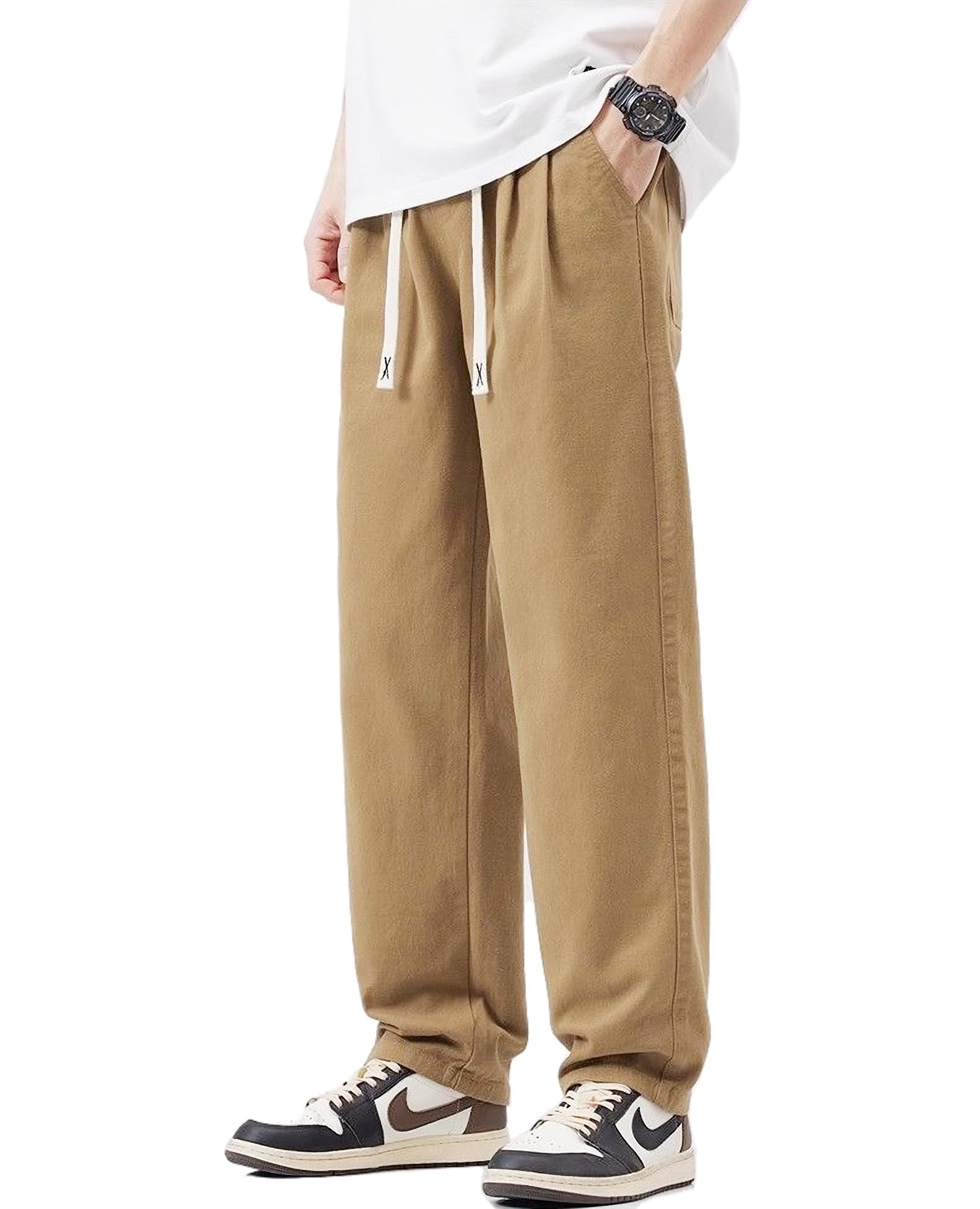 【送料無料】[House Yayoi] 長ズボン メンズ ズボン デニム ジーンズ チノパン イージーパンツ やわらかストレッチ アウトドア 通勤 無地 旅行 軽い ゆったり 大きいサイズ かっこいい ビジネス ゴム カジュアル 春 夏 色：カーキ、サイズ：3XL RegularLong