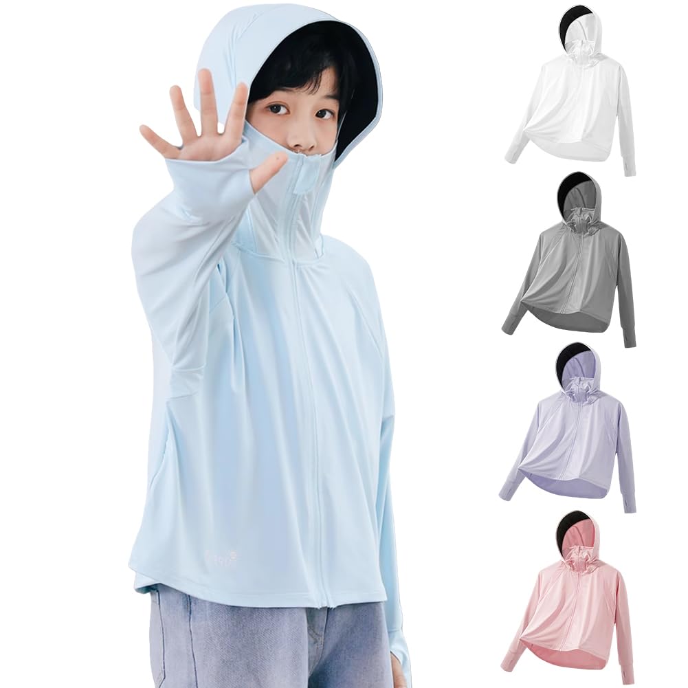 【送料無料】[HOTIAN] ラッシュガード 子供 UVカットパーカー UPF50+ 女の子 男の子 ラッシュパーカー 冷房対策 長袖 フード付き 日焼け対策ウェア アウター 軽量 虫除け 旅行 通園 色：#A-ブルー、サイズ：140