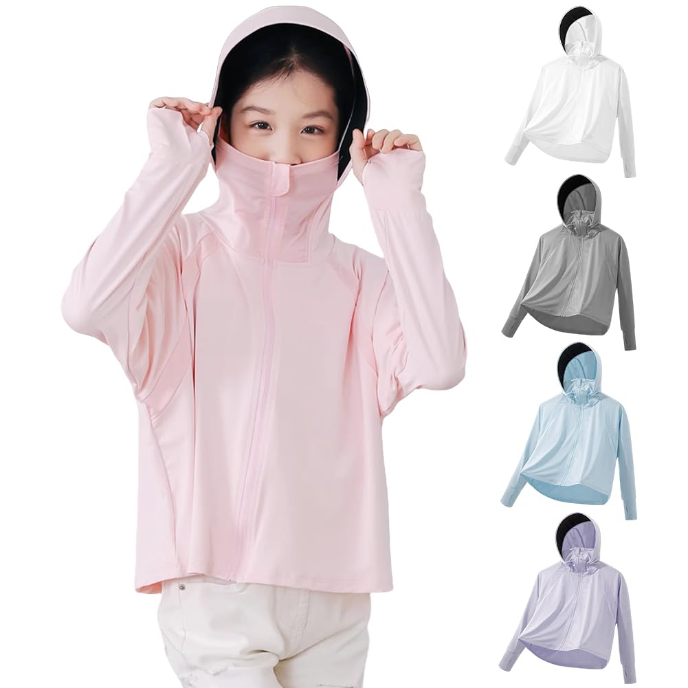 【送料無料】[HOTIAN] ラッシュガード 子供 UVカットパーカー UPF50+ 女の子 男の子 ラッシュパーカー 冷房対策 長袖 フード付き 日焼け対策ウェア アウター 軽量 虫除け 旅行 通園 色：#A-ピンク、サイズ：150