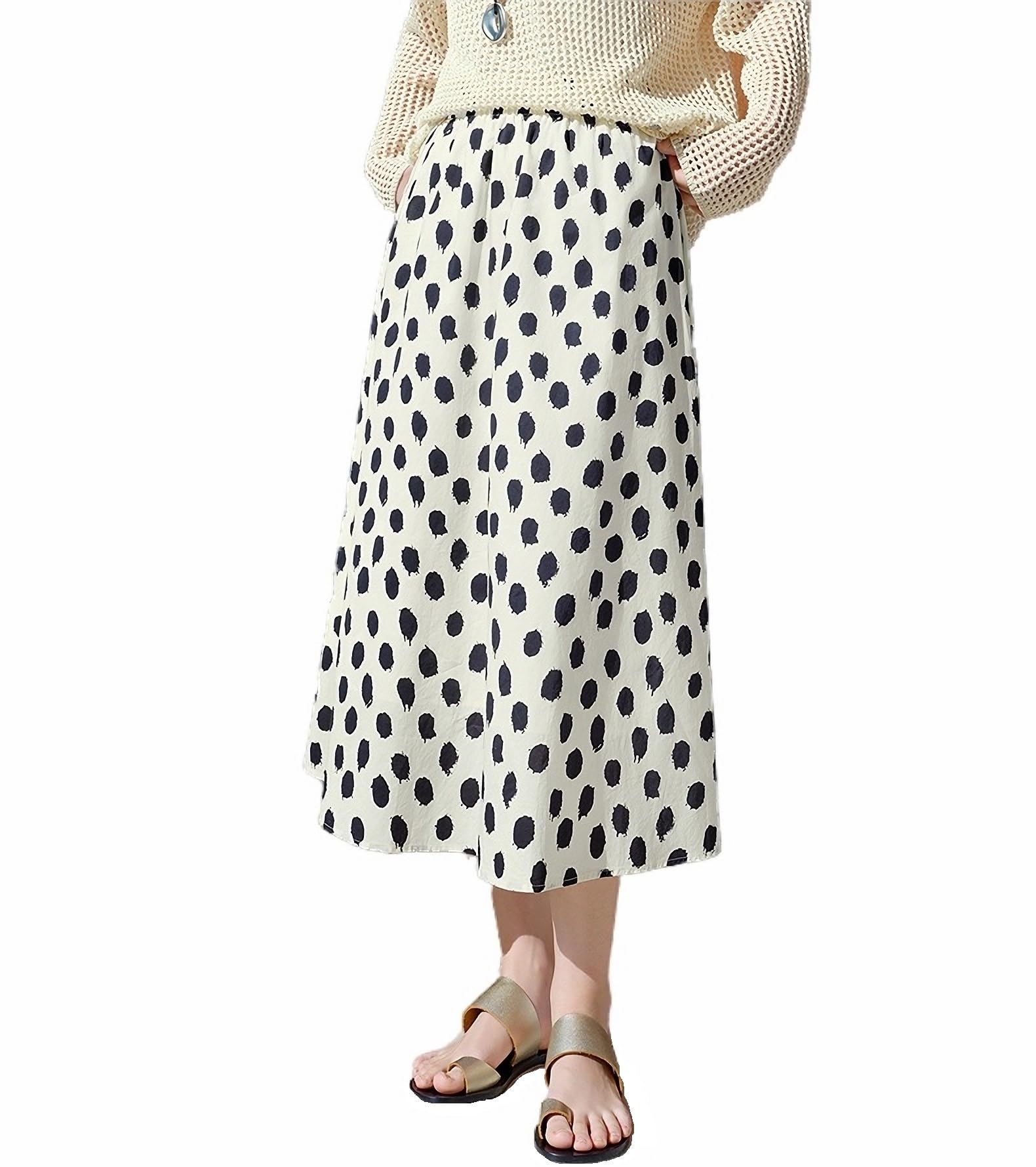 【送料無料】[House Yayoi] スカート フレア レディース ミモレ丈 膝丈 きれいめ 落ち感 大人可愛い 膝下 ゆったり ロング丈 膝丈 夏 秋 体型カバー 着痩せ 裏地付き ハイウエスト オフィス 清楚系 通勤 Skirt 色：ホワイトブラックドット、サイズ：M