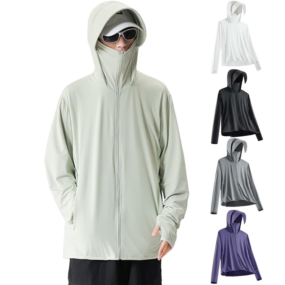 【送料無料】[HOTIAN] ラッシュガード メンズ UVカットパーカー 接触冷感 夏 ラッシュパーカー 長袖 フード付き UPF50+ 日焼け対策ウェア アウター 軽量 通気性 体型カバー アウトドア 山登り 釣り 色：グリーン、サイズ：M