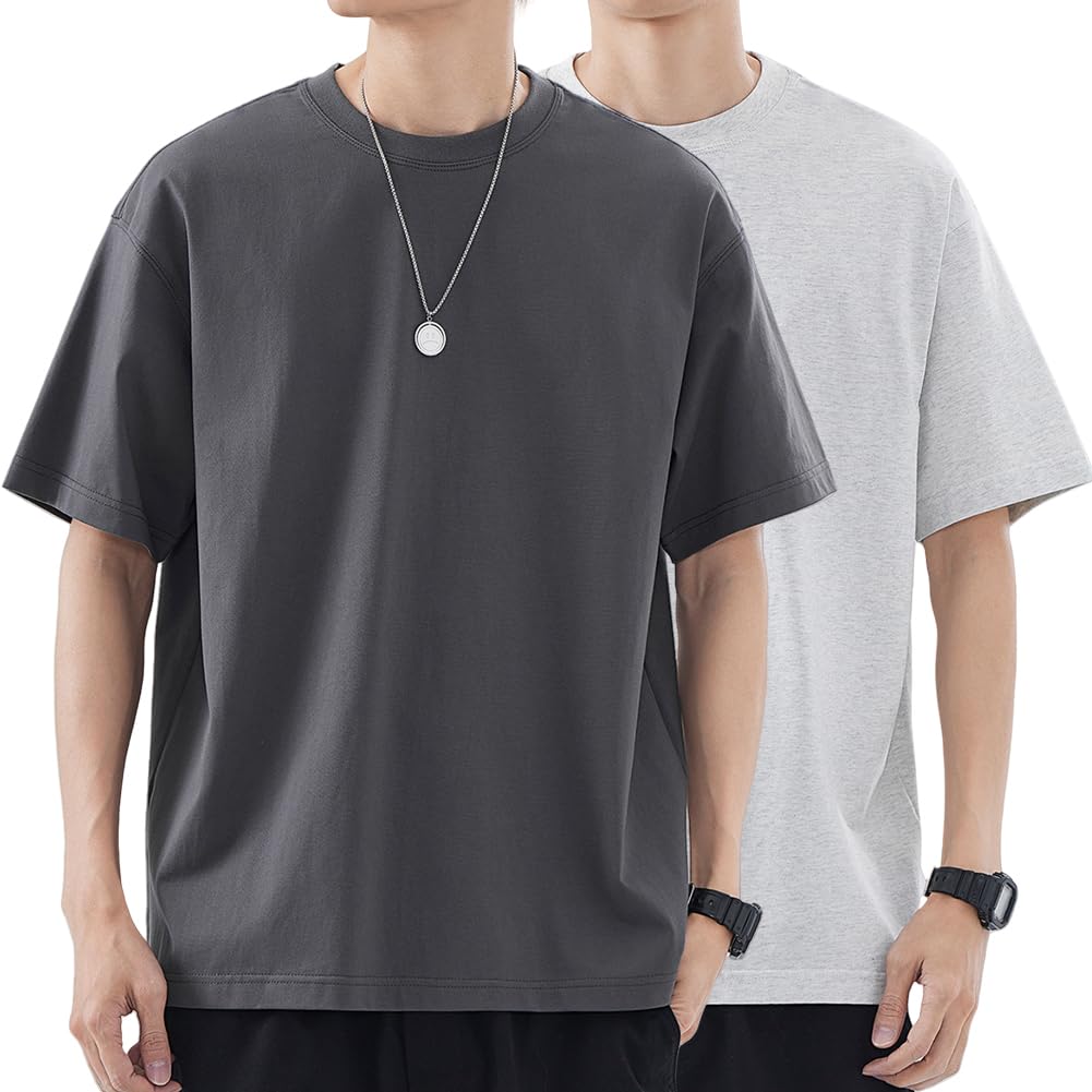 【送料無料】[HOTIAN] Tシャツ 半袖 メンズ 2枚組 100%綿 クルーネック Tシャツ 柔らかい インナーシャツ 通気 吸汗 カジュアル お出かけ 春 夏 秋 色：2枚組-ライトグレー/ダークグレー、サイズ：M