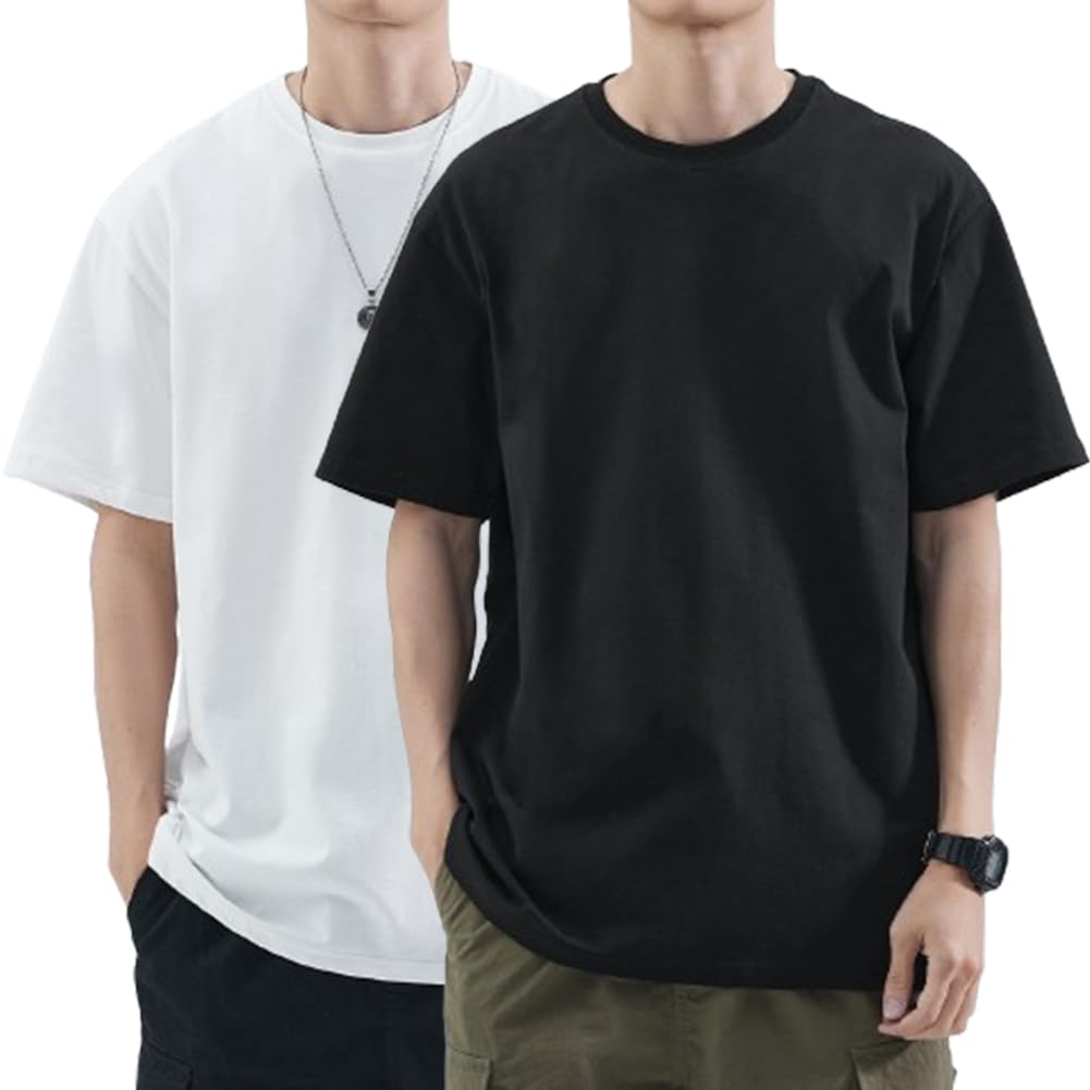 【送料無料】[HOTIAN] Tシャツ 半袖 メンズ 2枚組 100%綿 クルーネック Tシャツ 柔らかい インナーシャツ 通気 吸汗 カジュアル お出かけ 春 夏 秋 色：2枚組-ホワイト/ブラック、サイズ：XL
