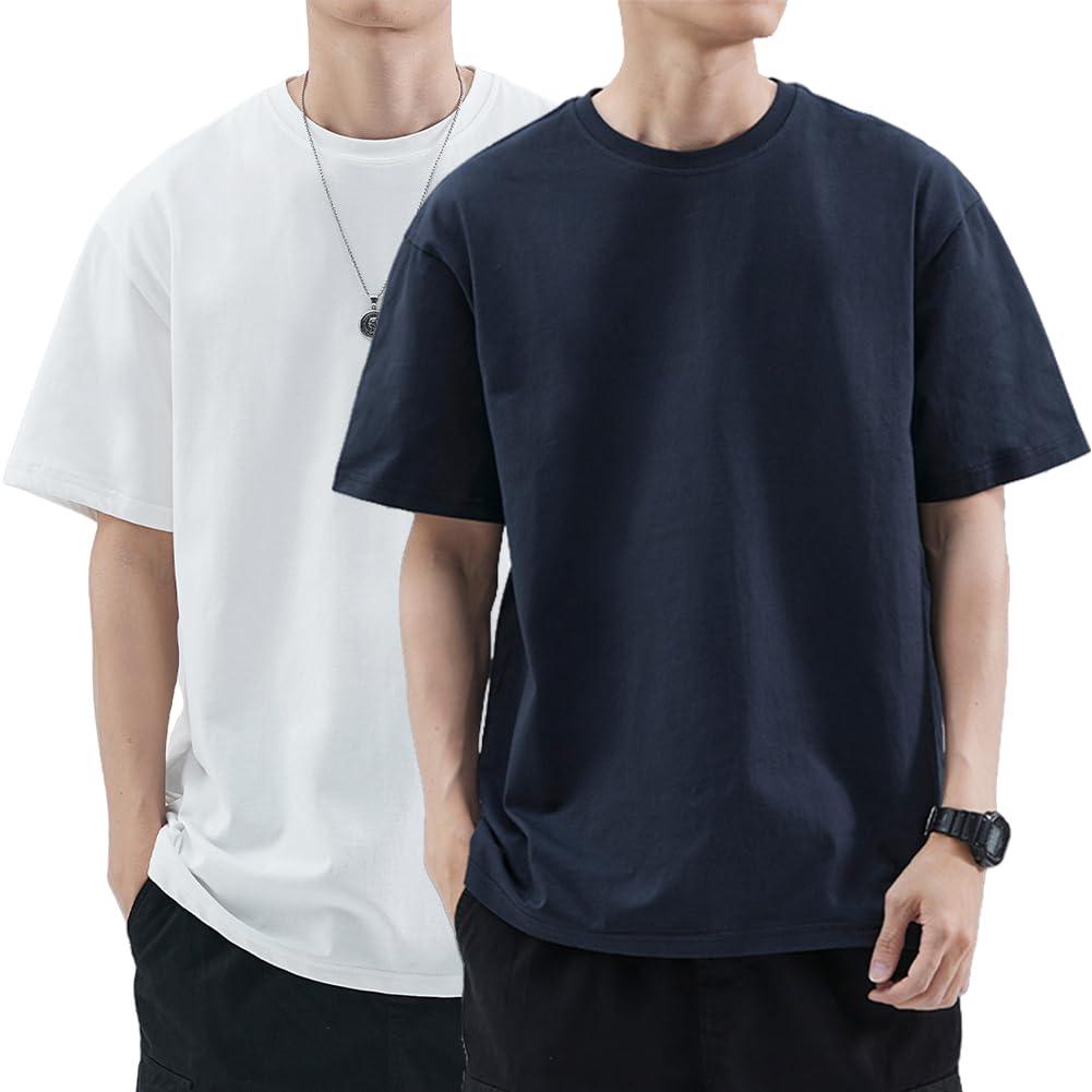 【送料無料】[HOTIAN] Tシャツ 半袖 メンズ 2枚組 100%綿 クルーネック Tシャツ 柔らかい インナーシャツ 通気 吸汗 カジュアル お出かけ 春 夏 秋 色：2枚組-ホワイト/ネイビー、サイズ：2XL