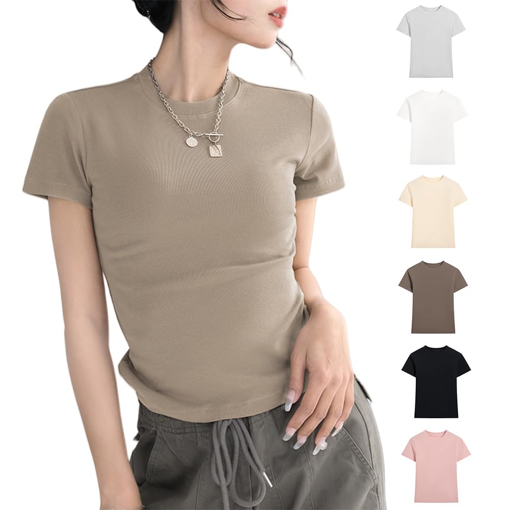 【送料無料】[HOTIAN] Tシャツ レディース 半袖 トップス「細身・着痩せ効果・伸縮性・肌ざり良い」 柔らか 無地 ショート丈tシャツ すっきり見せTシャツ カジュアル 通勤 デート 色：カーキ、サイズ：L